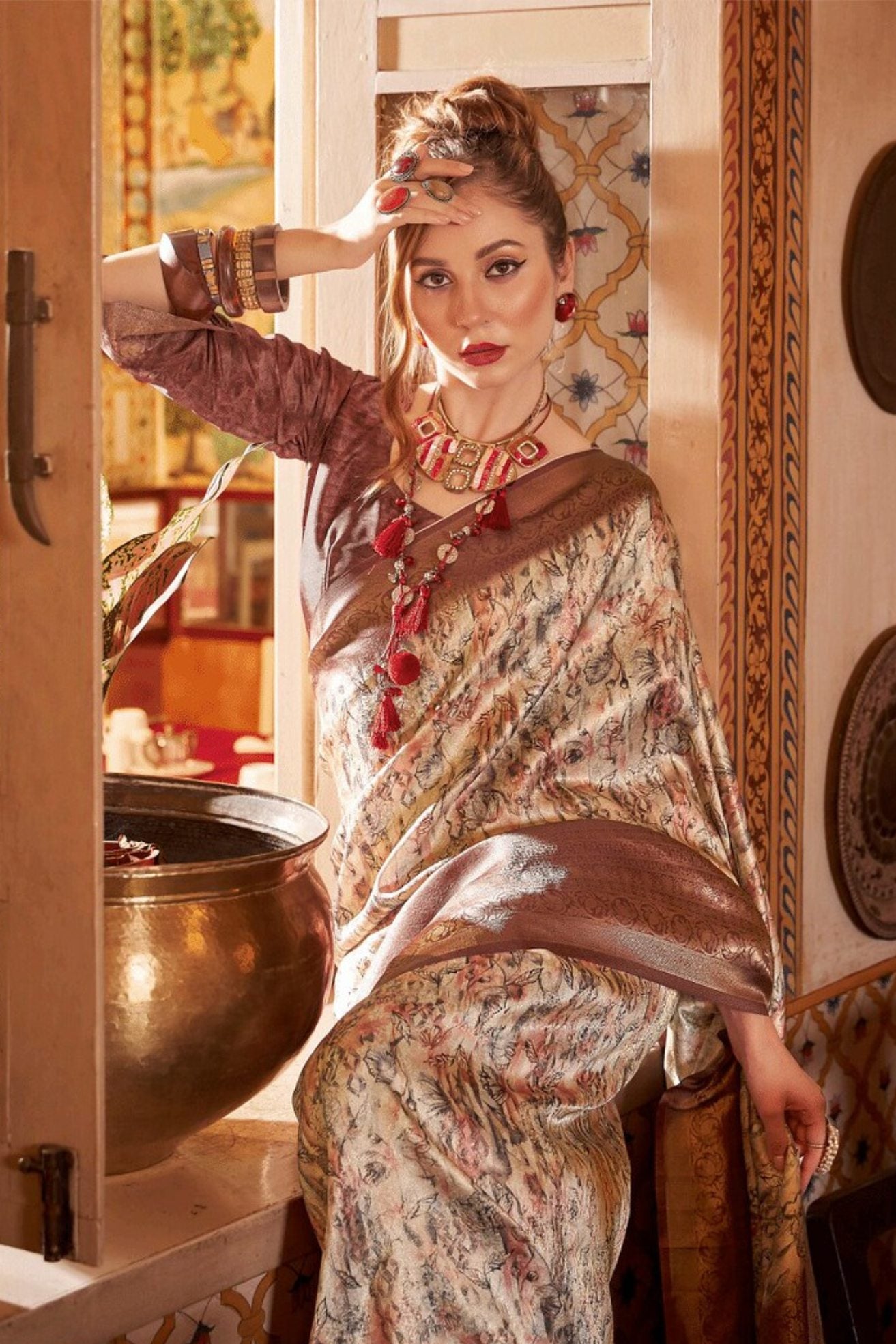 Buy MySilkLove Cape Palliser Brown Banarasi Digital Printed Saree Online