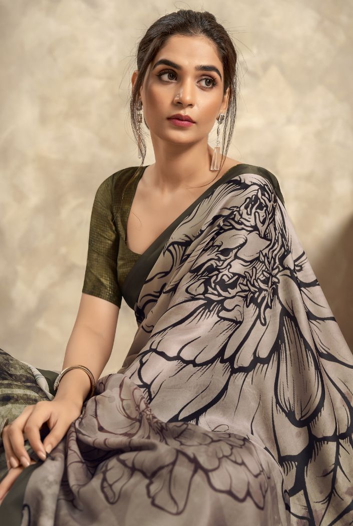 Buy MySilkLove Sardine Grey Printed Satin Silk Saree Online