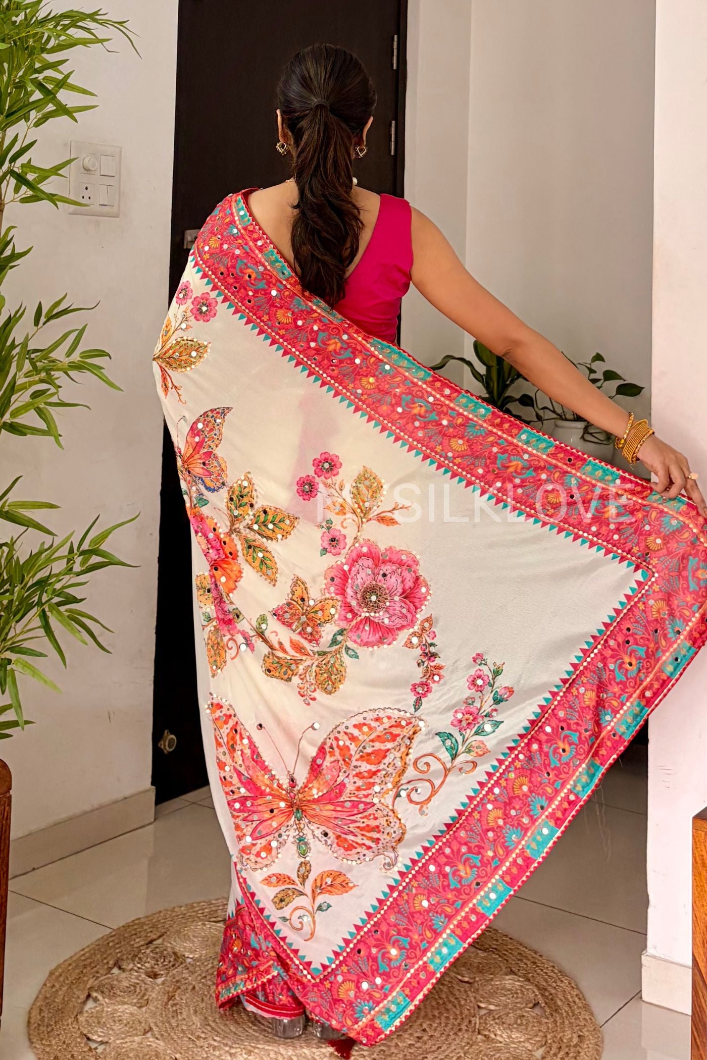 Buy MySilkLove Frost White Chinon Floral Partywear Printed Mirror Work Saree Online