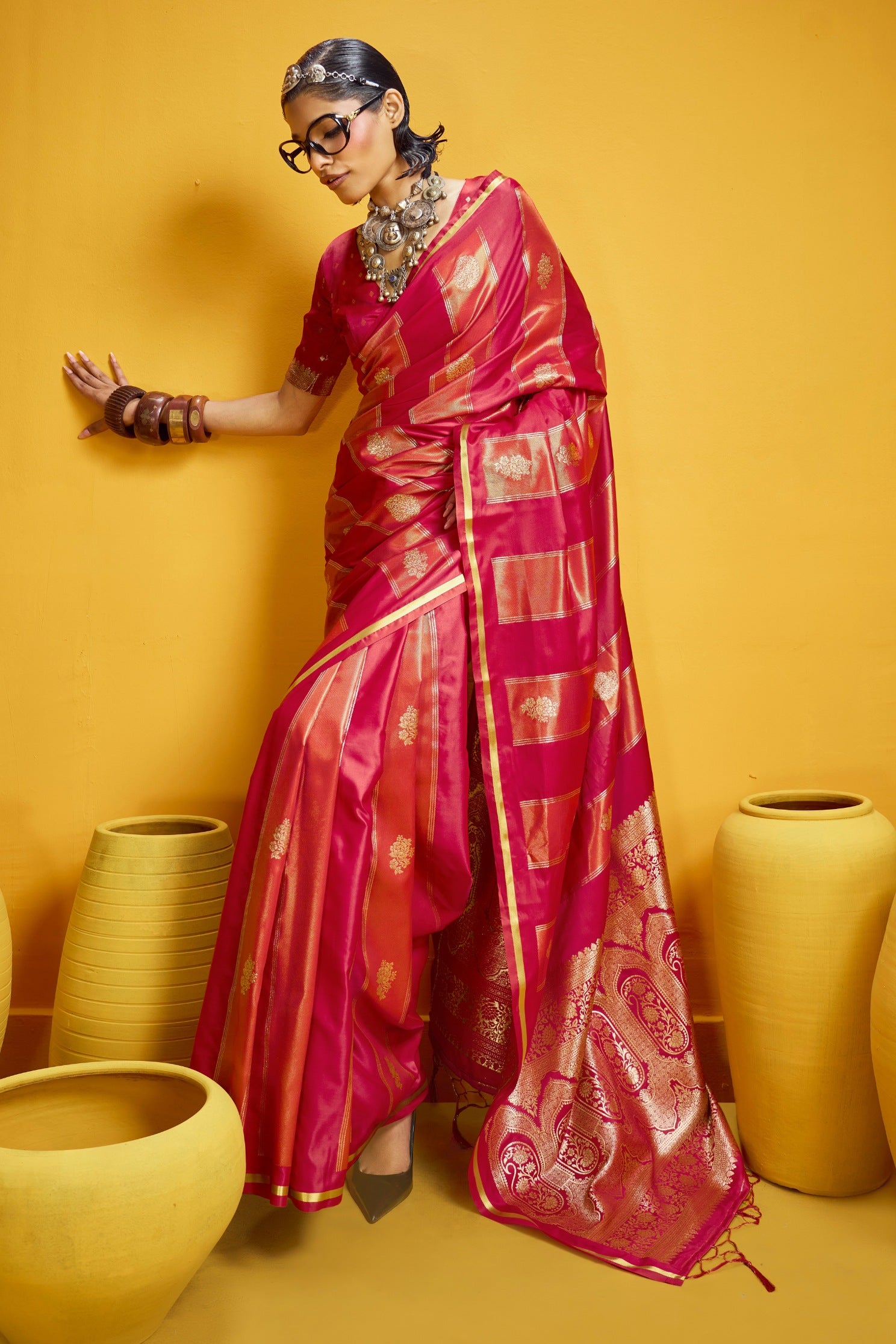 Buy MySilkLove Fire Brick Red Banarasi Handloom Satin Silk Saree Online