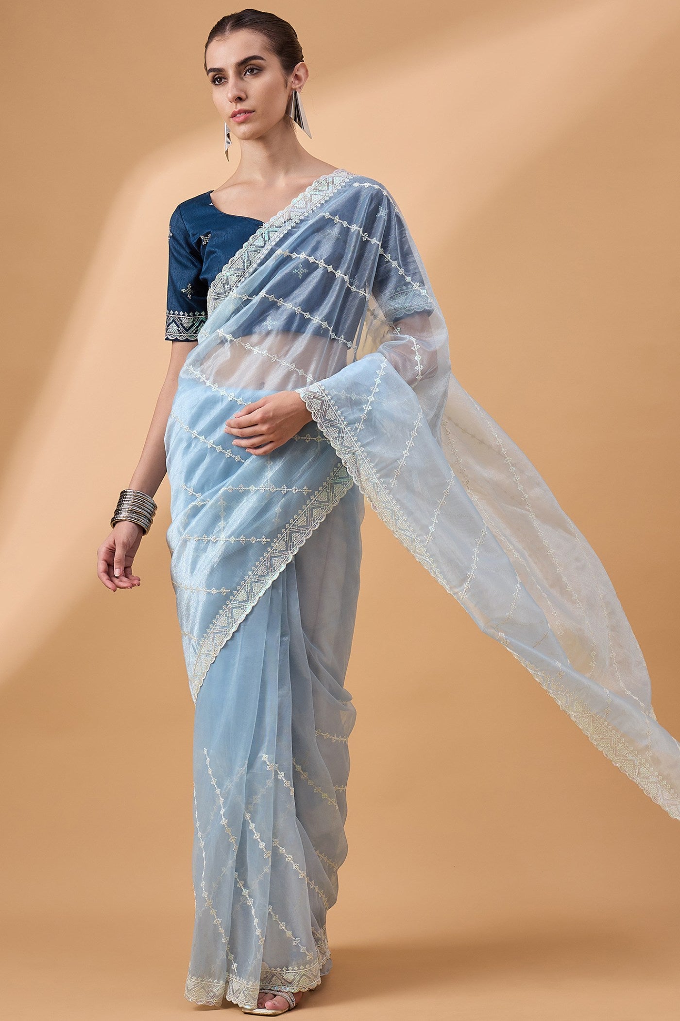 Buy MySilkLove Sky Blue Organza Partywear Saree Online