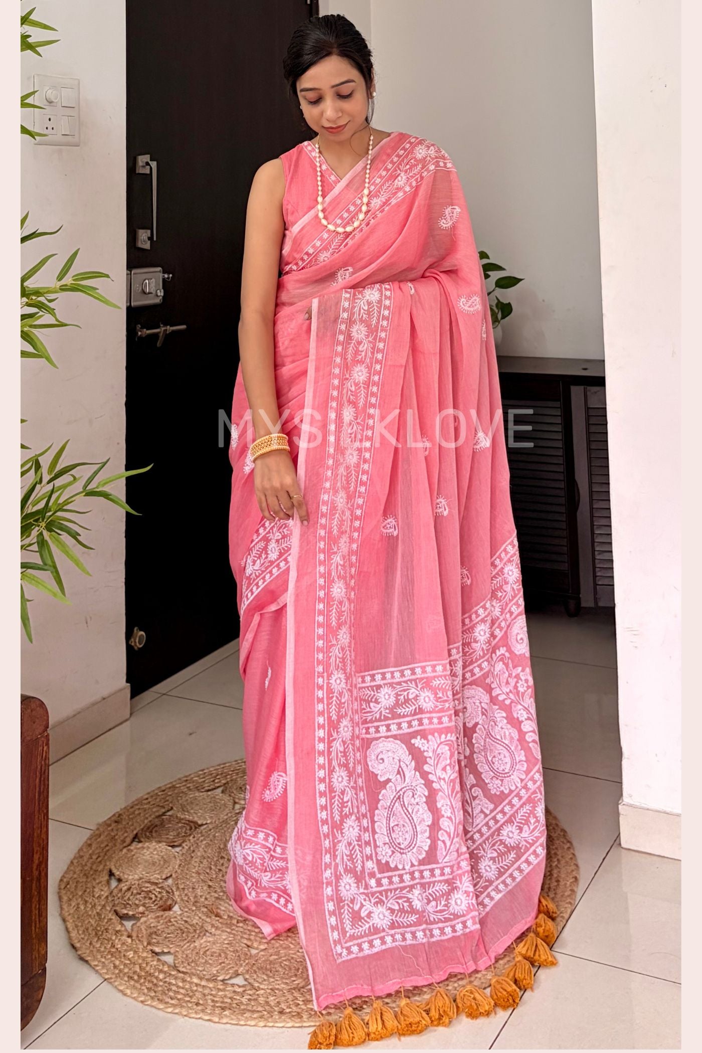 Buy MySilkLove Blossom Pink Handwoven Pure Mul Mul Cotton Chikankari Saree Online