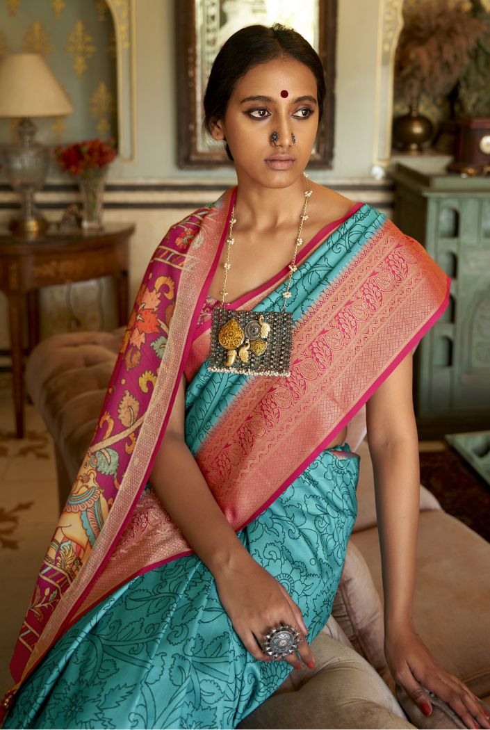 Buy MySilkLove Tradewind Blue and Pink Printed Kalamakri Silk Saree Online