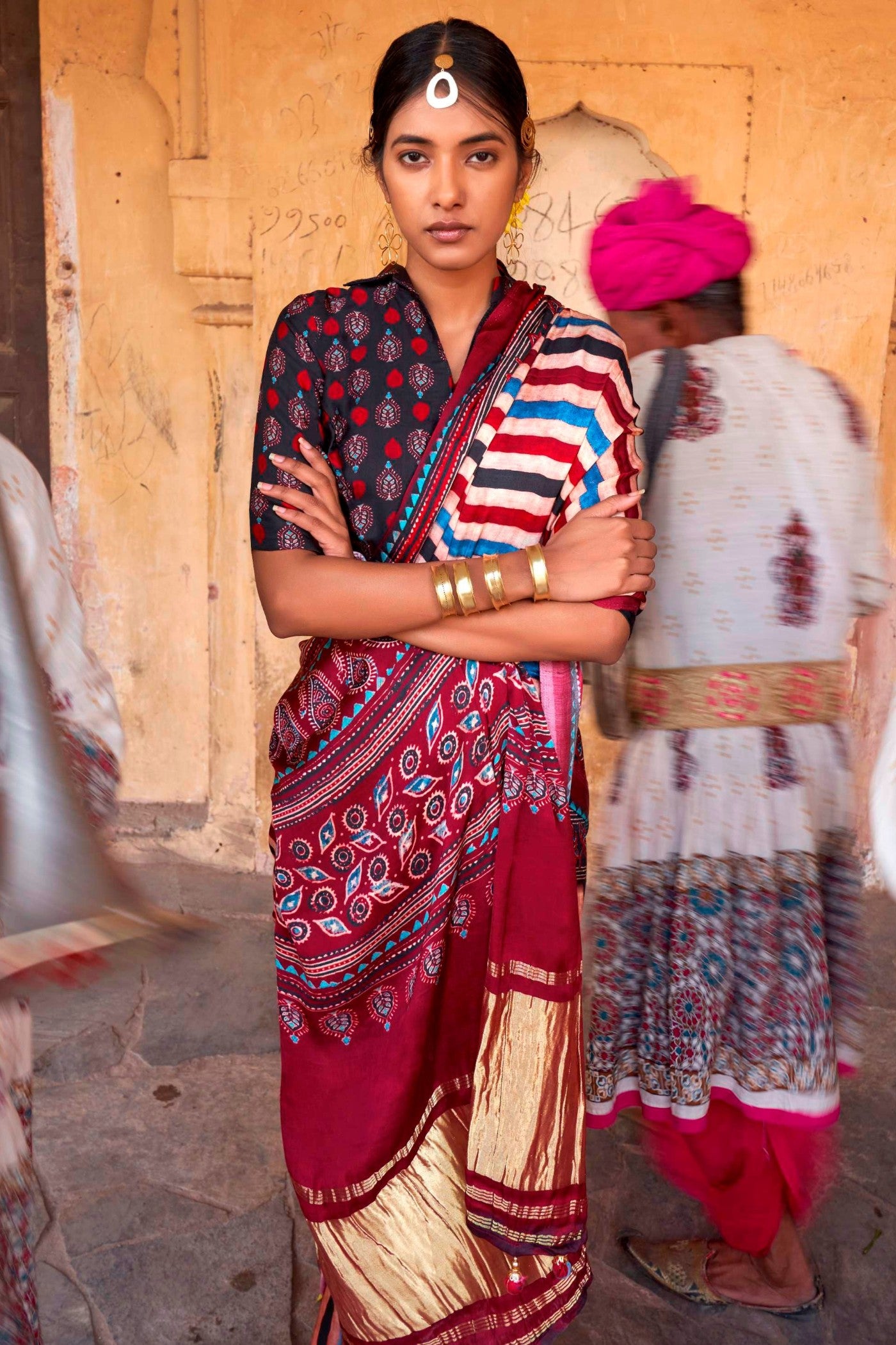 MySilkLove Tawny Port Maroon Ajrakh Handprinted Satin Saree