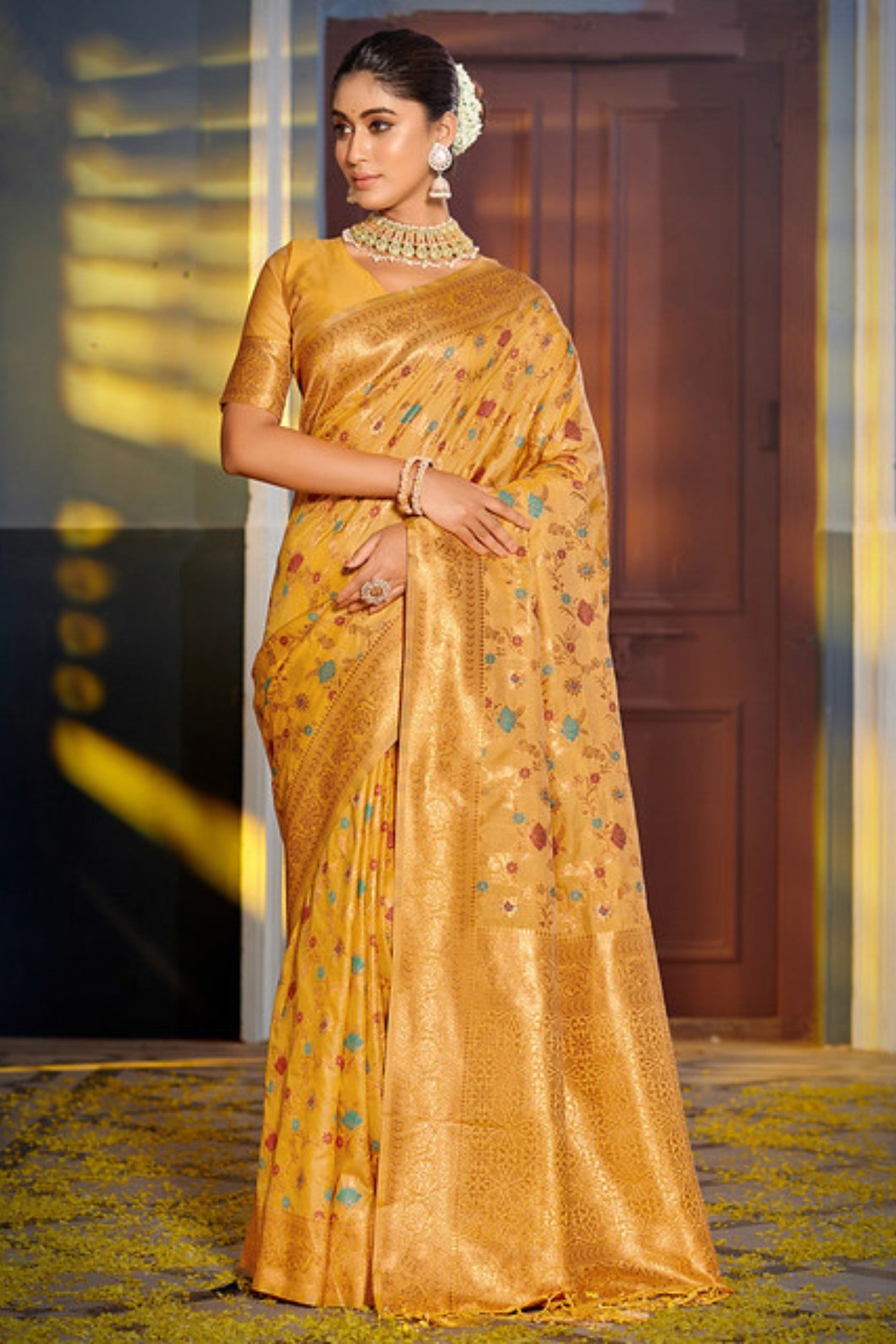 Buy MySilkLove Tulip Tree Yellow Zari Woven Banarasi Saree Online