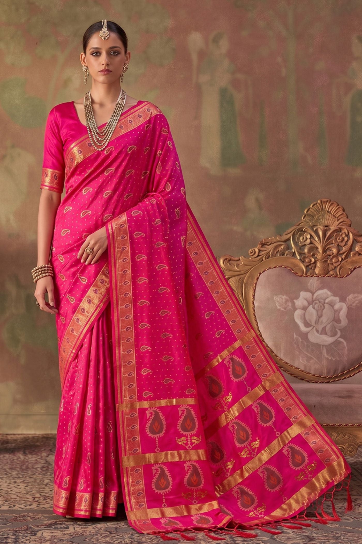 Buy MySilkLove Fuchsia Pink Woven Banarasi Soft Silk Saree Online