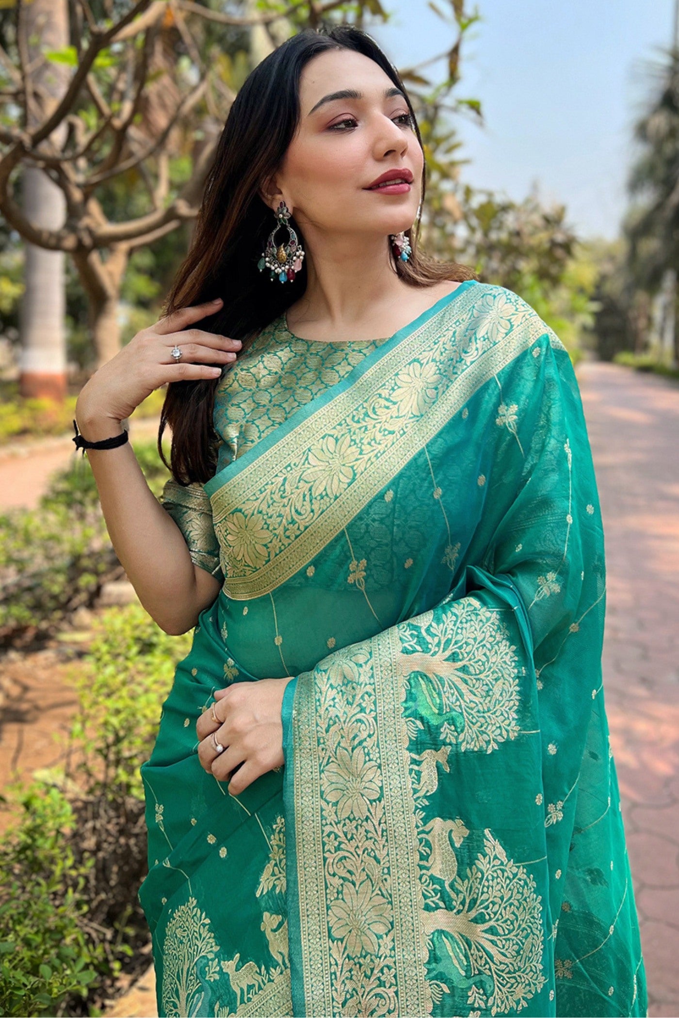 MySilkLove Roma Green Zari Woven Organza Saree