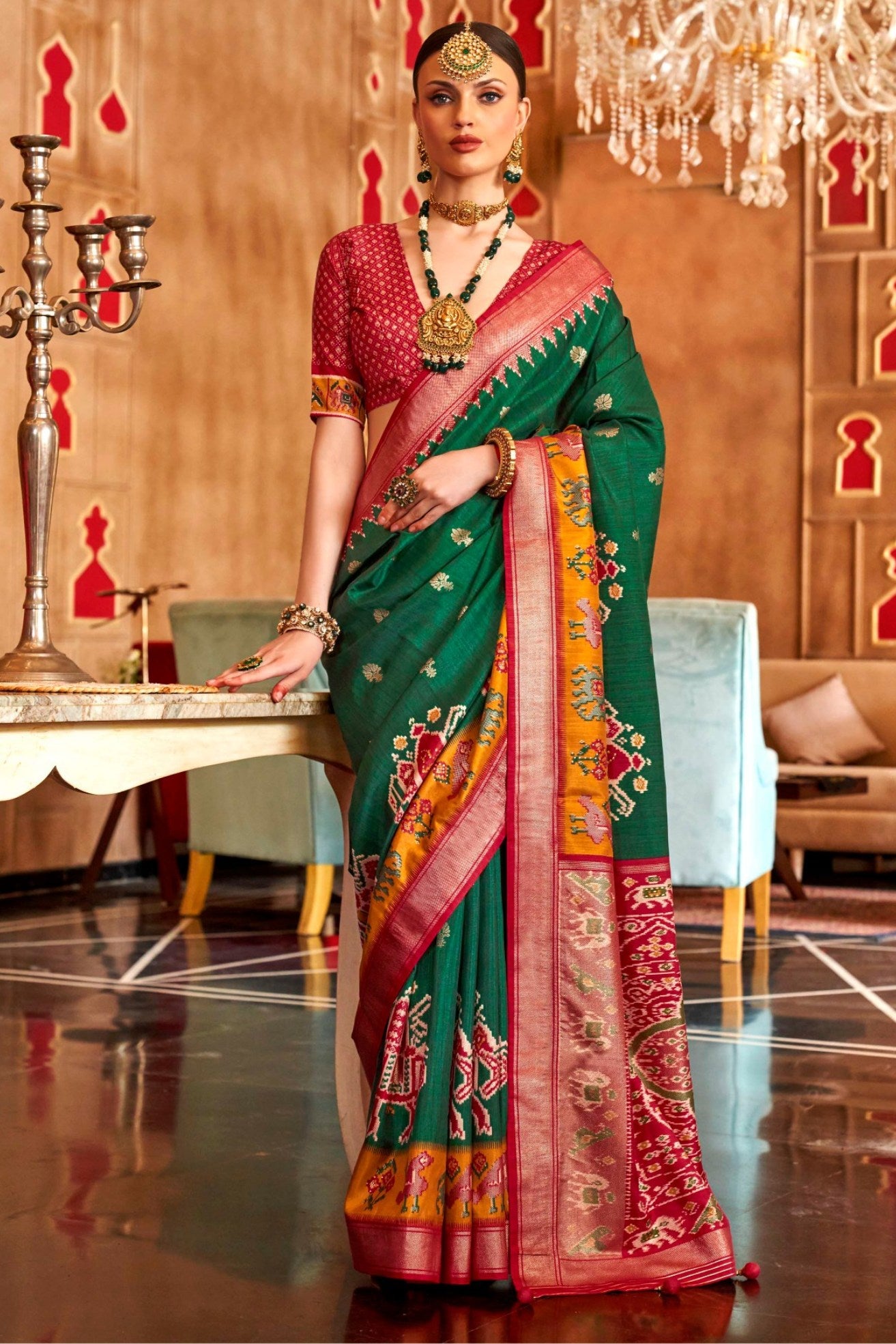 Buy MySilkLove Dark Leaf Green Printed Patola Saree Online