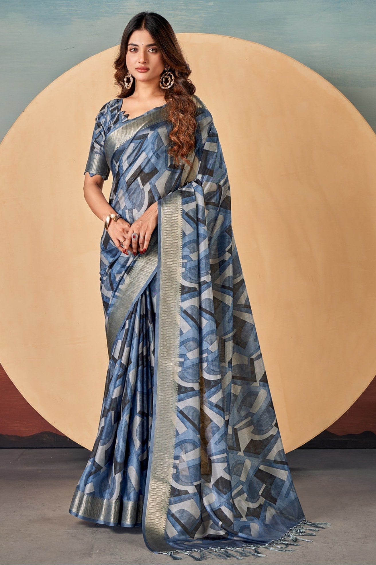 Buy MySilkLove Fiord Blue Banarasi Digital Printed Saree Online