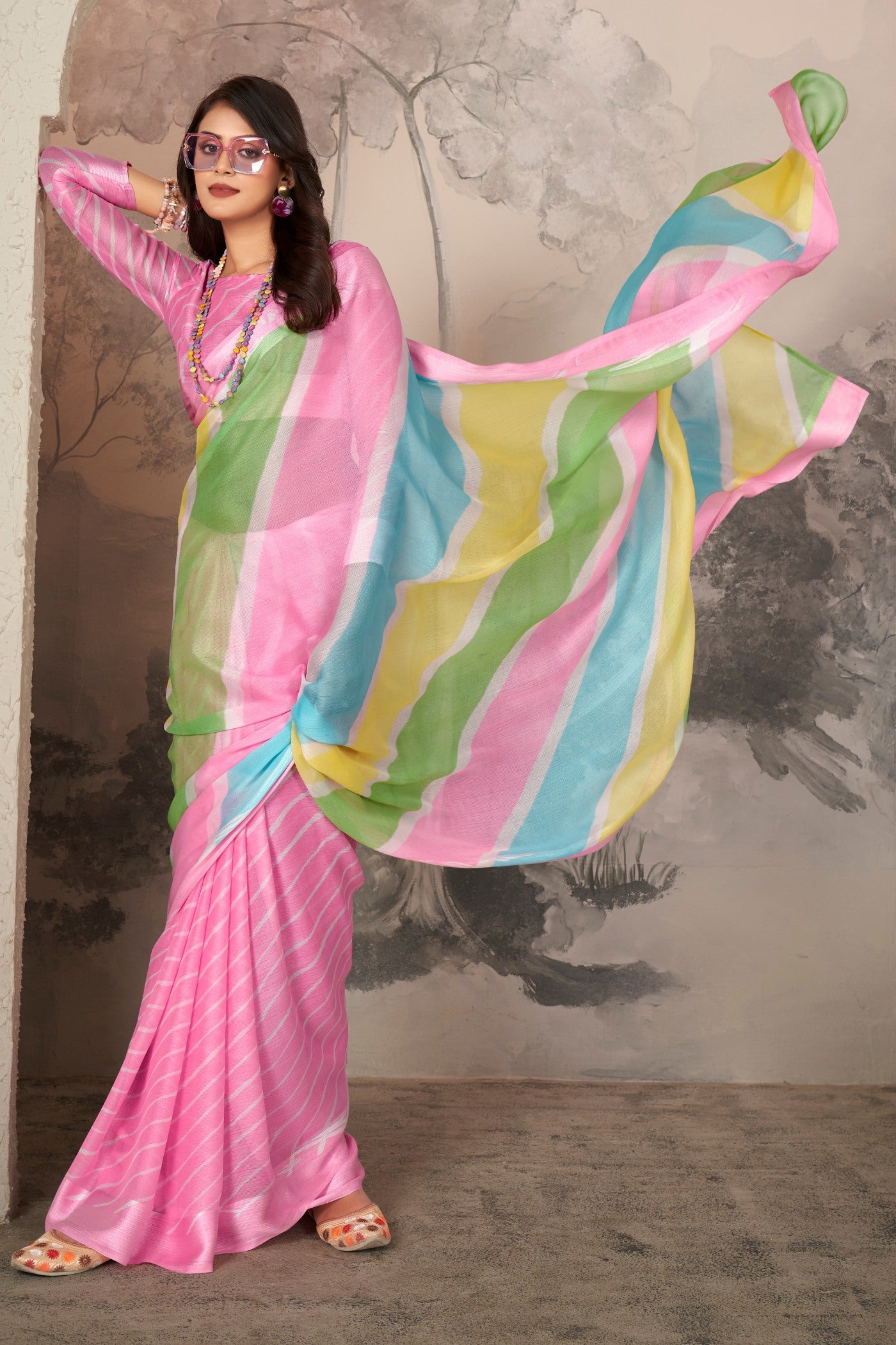 Buy MySilkLove Cherry Blossom Pink Printed Satin Silk Saree Online