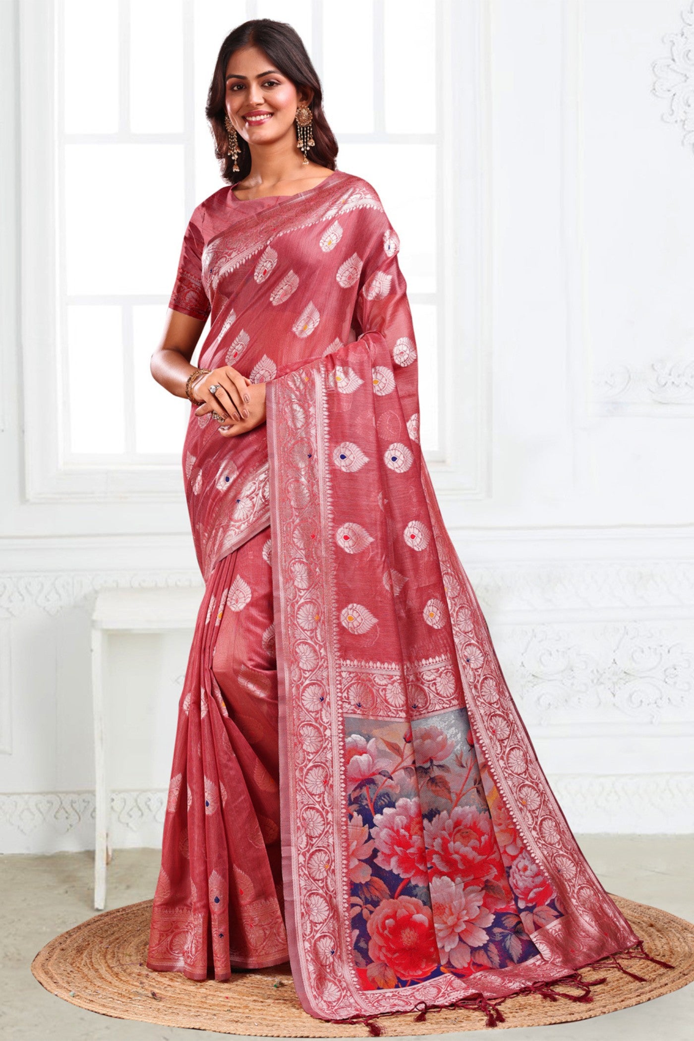 Buy MySilkLove Rust Brown Woven Linen Cotton Saree Online