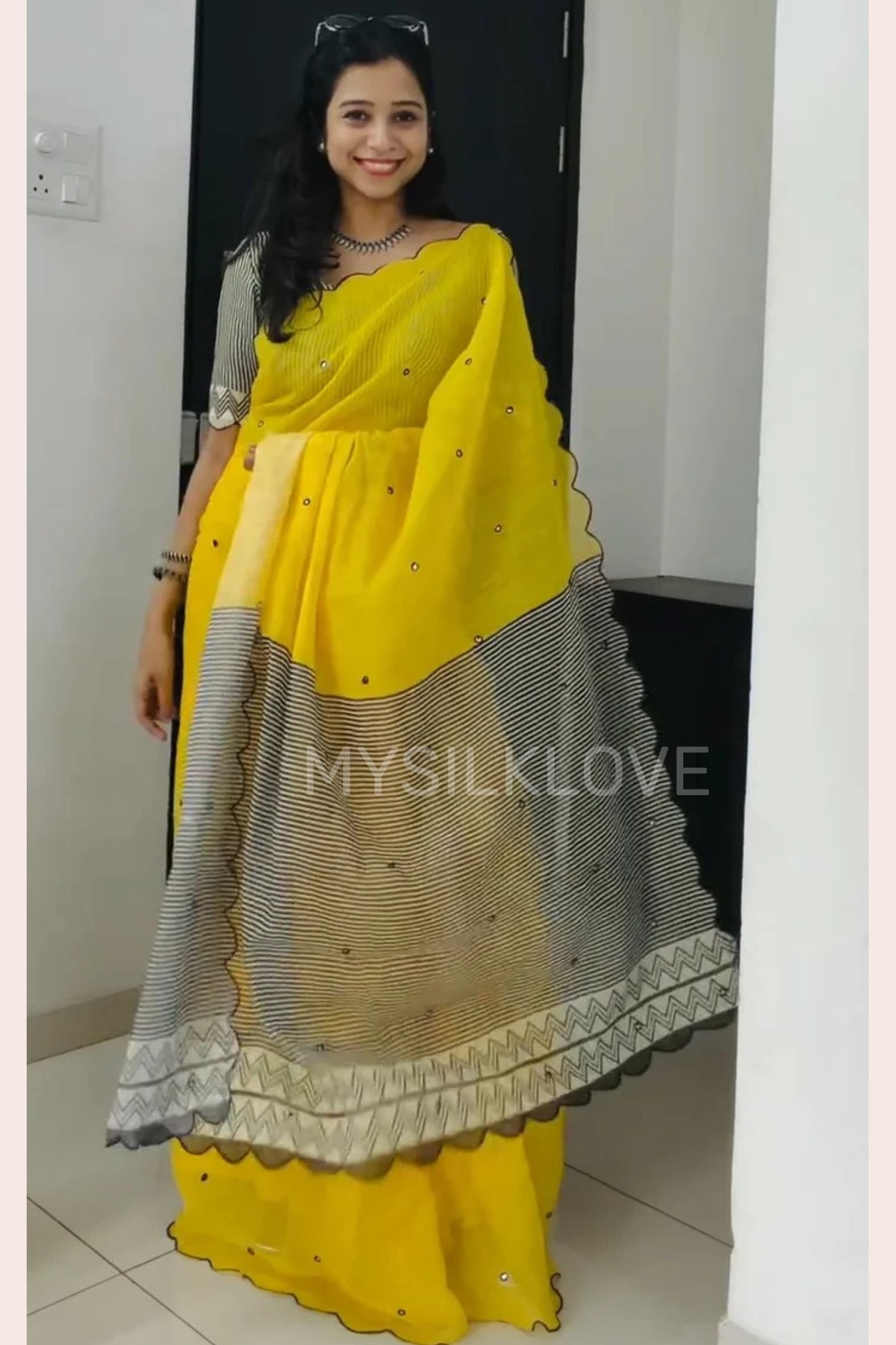 Buy MySilkLove Rustic Yellow Linen Cotton Digital Printed Saree Online