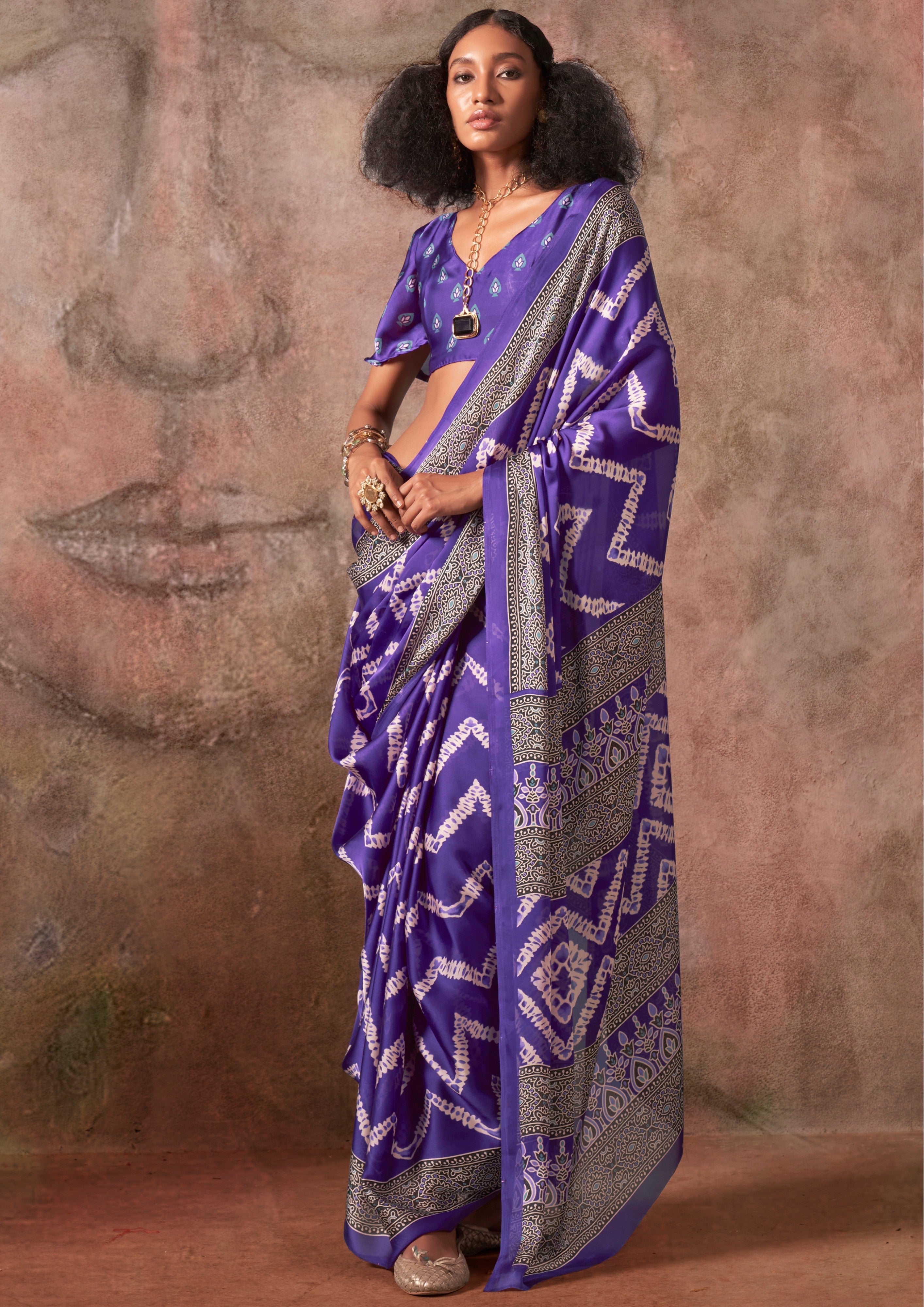 Buy MySilkLove Heliotrope Purple Ajrakh Printed Satin Georgette Silk Saree Online