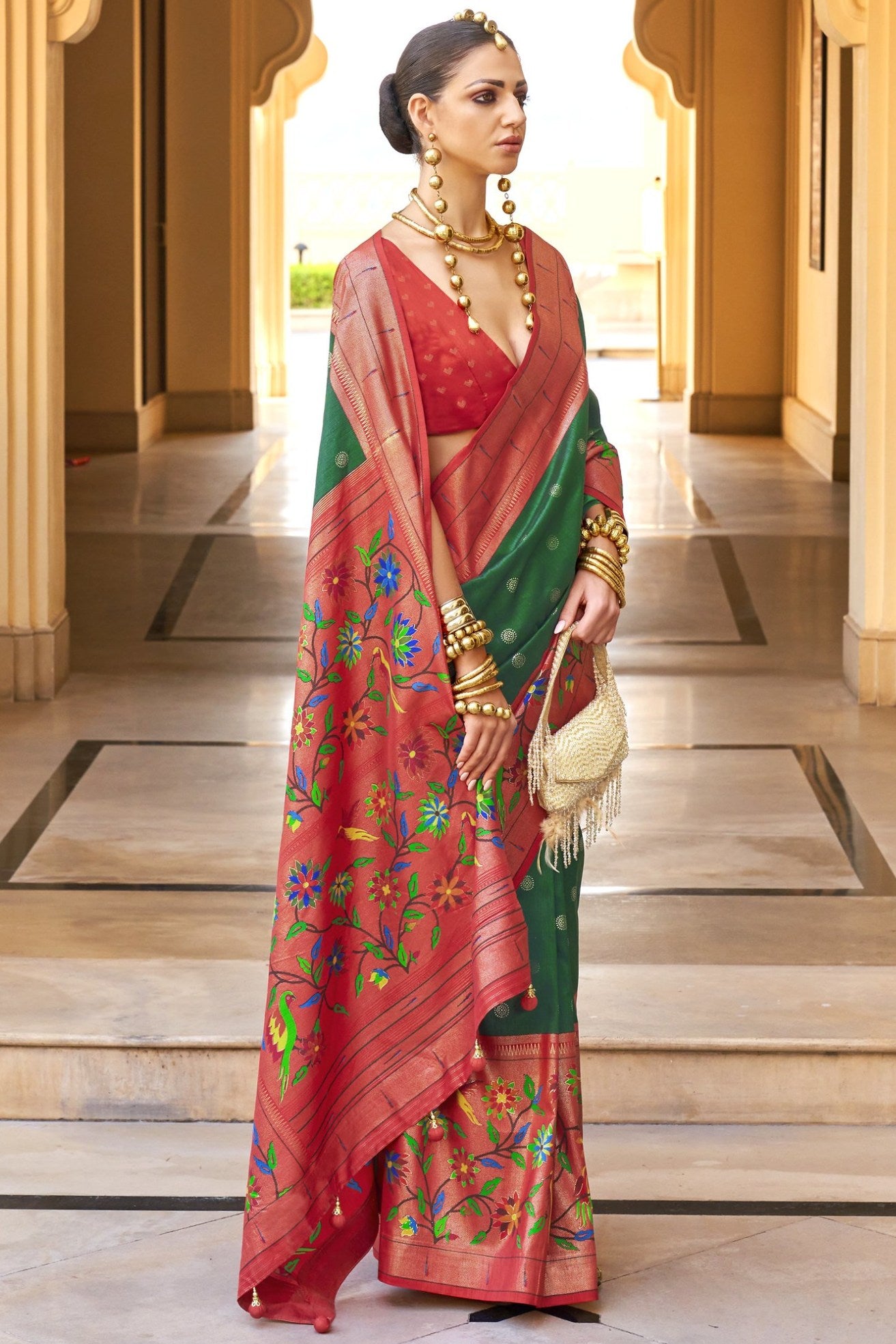 Buy MySilkLove Forewst Green and Red Woven Paithani Designer Saree Online