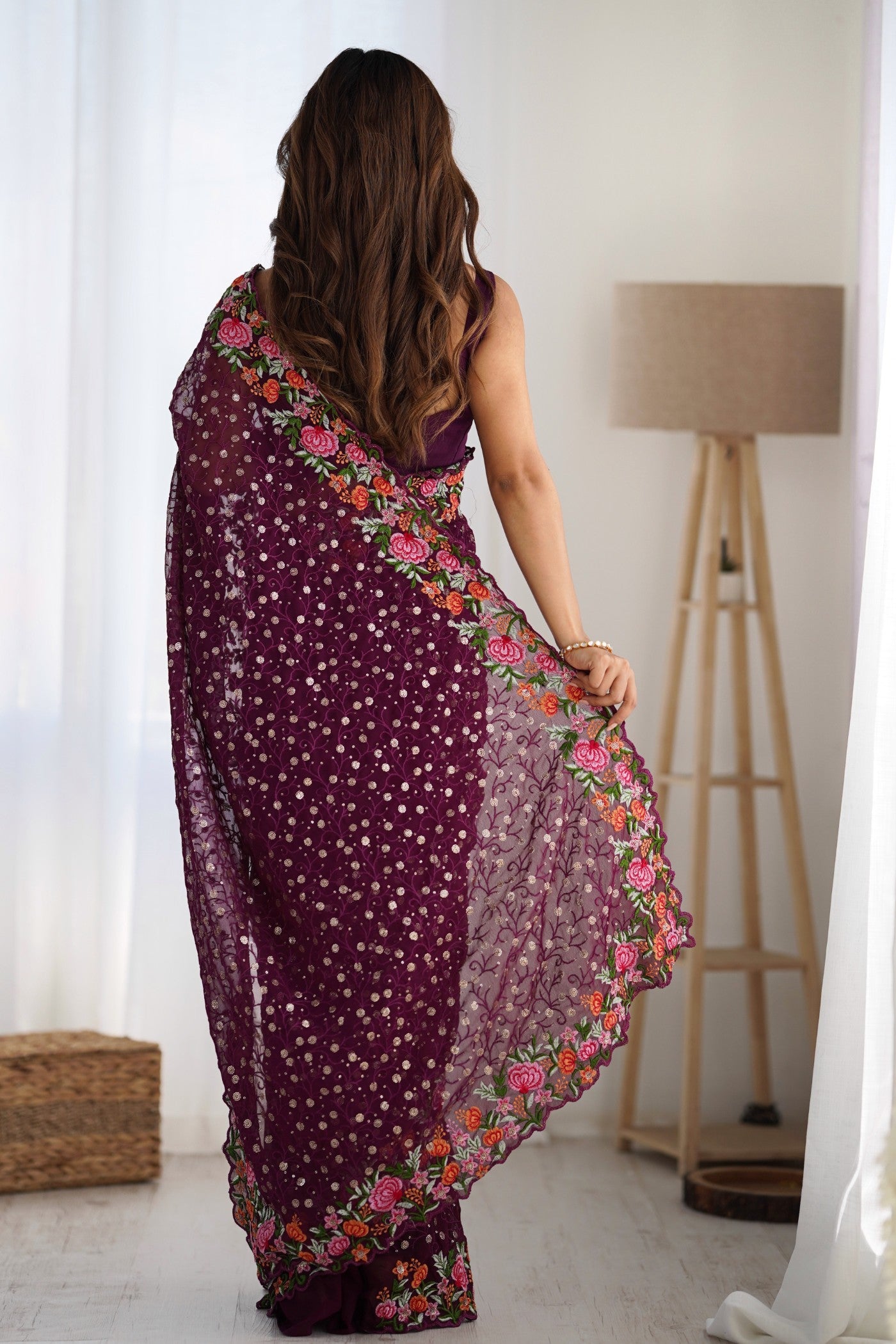 Buy MySilkLove Wine Purple Embroidered Georgette Saree Online