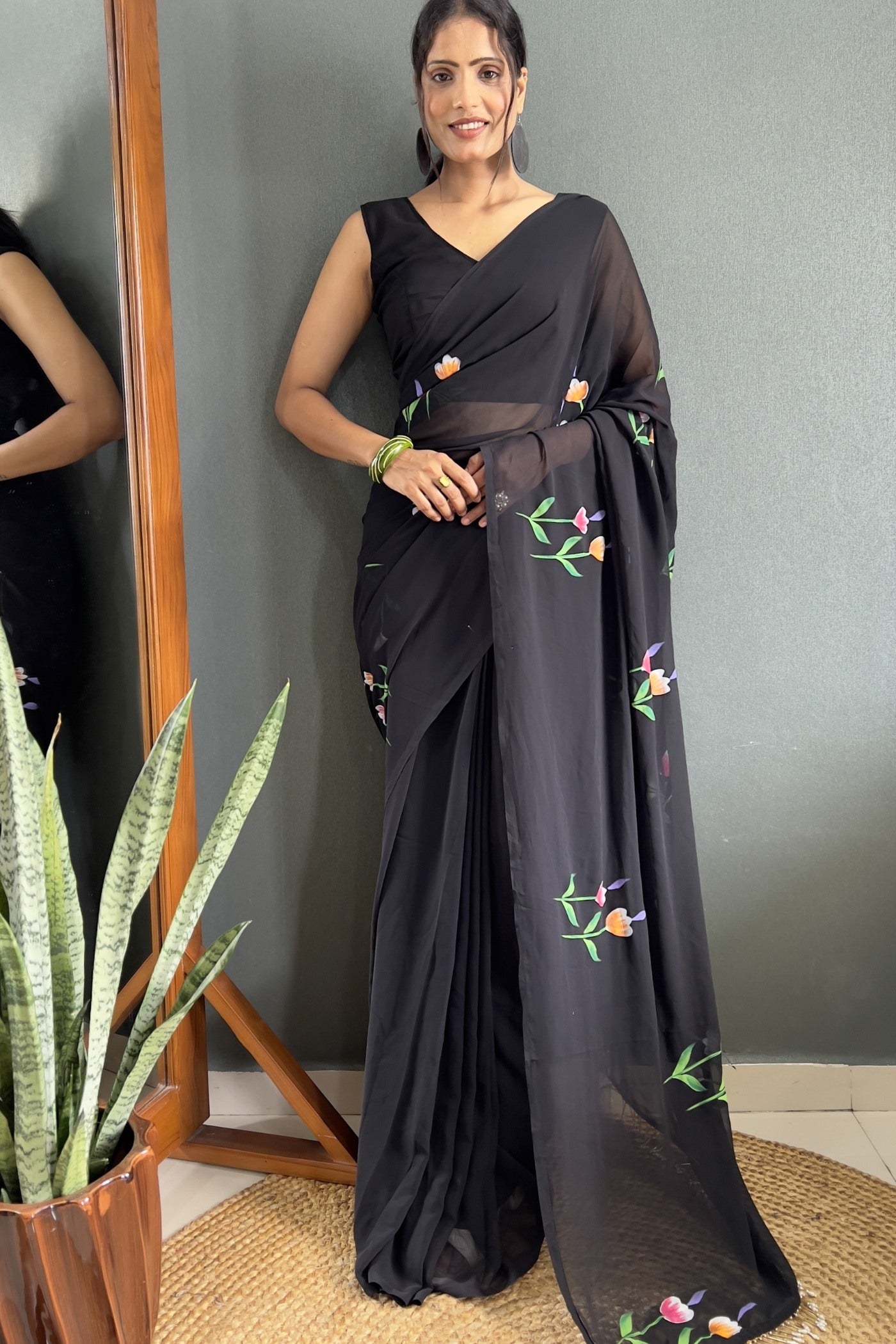 Buy MySilkLove Coral Black Hand Painted Georgette Saree Online