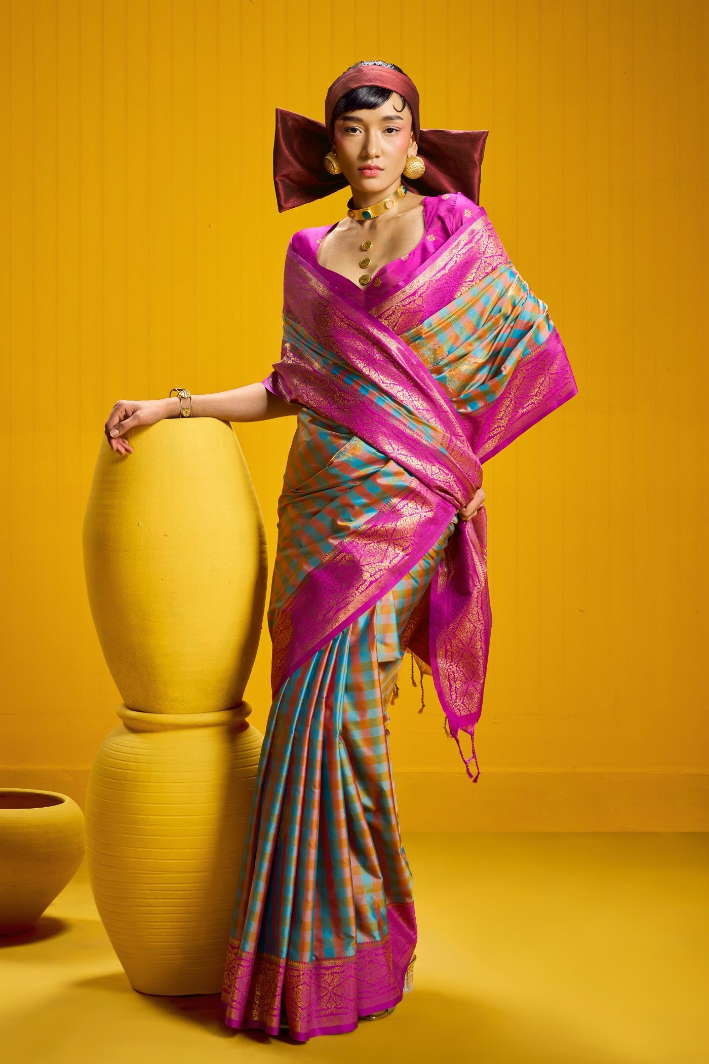 MySilkLove Dusty Blue Banarasi Two Tone Checks Handloom Saree