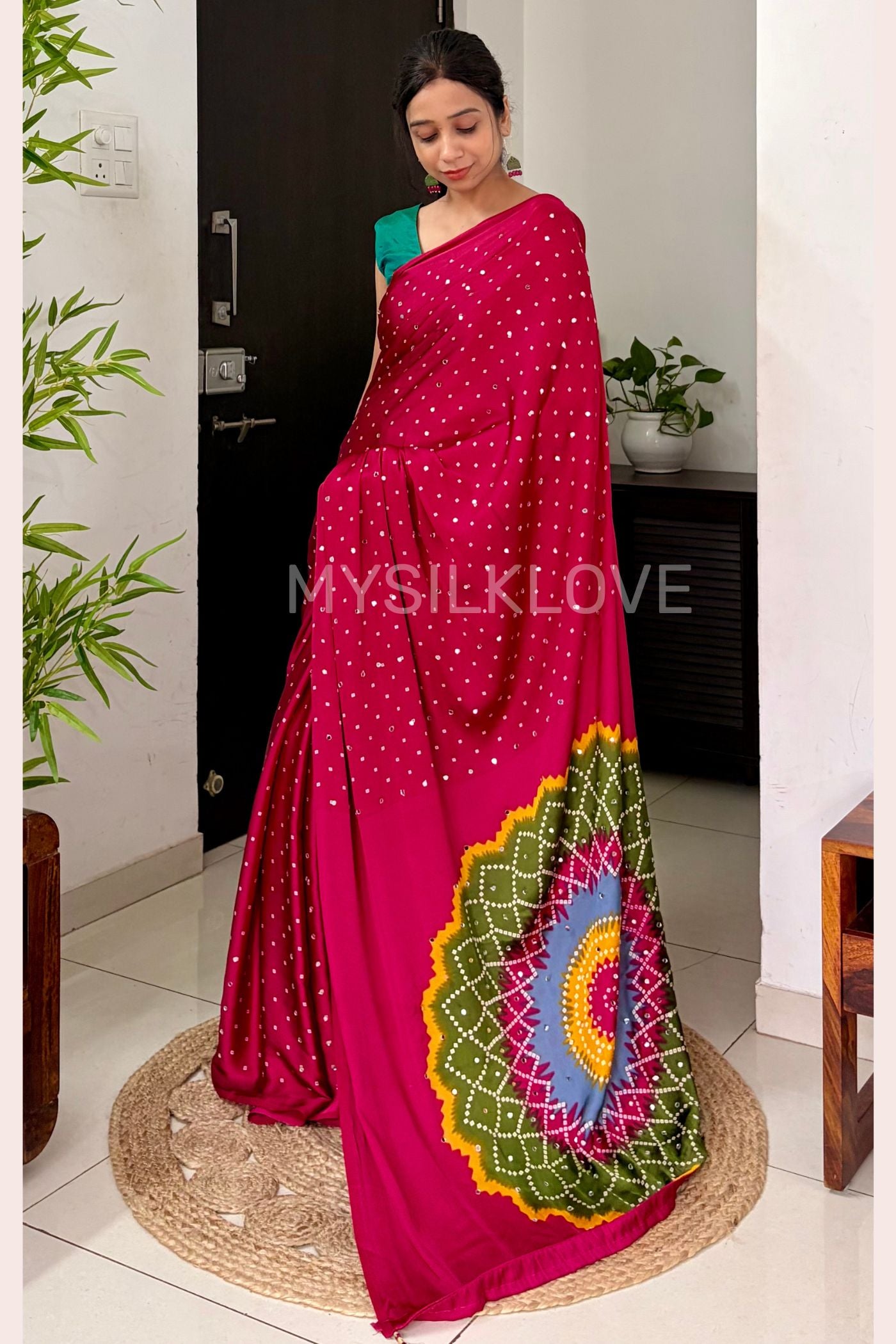 Buy MySilkLove Rosewood Pink Bandhani Satin Mirror Work Saree Online
