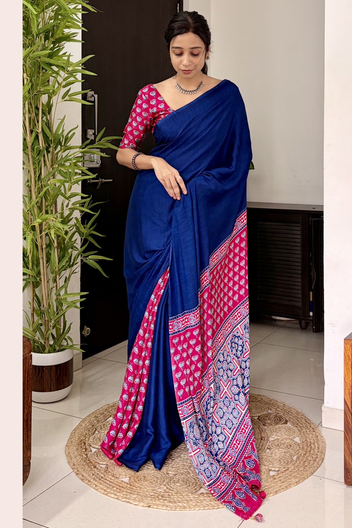 Buy MySilkLove Starlit Blue and Pink Ajrakh Printed Satin Crepe Silk Saree Online
