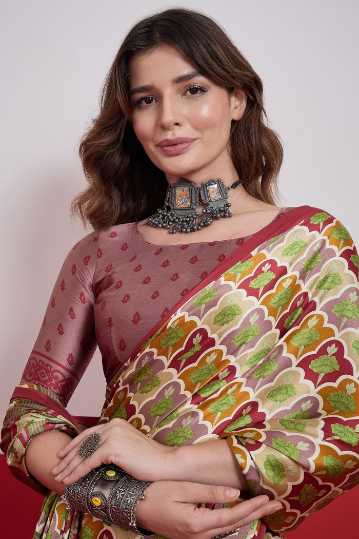 Buy MySilkLove Neutral Cream and Green Modal Satin Printed Silk Saree Online
