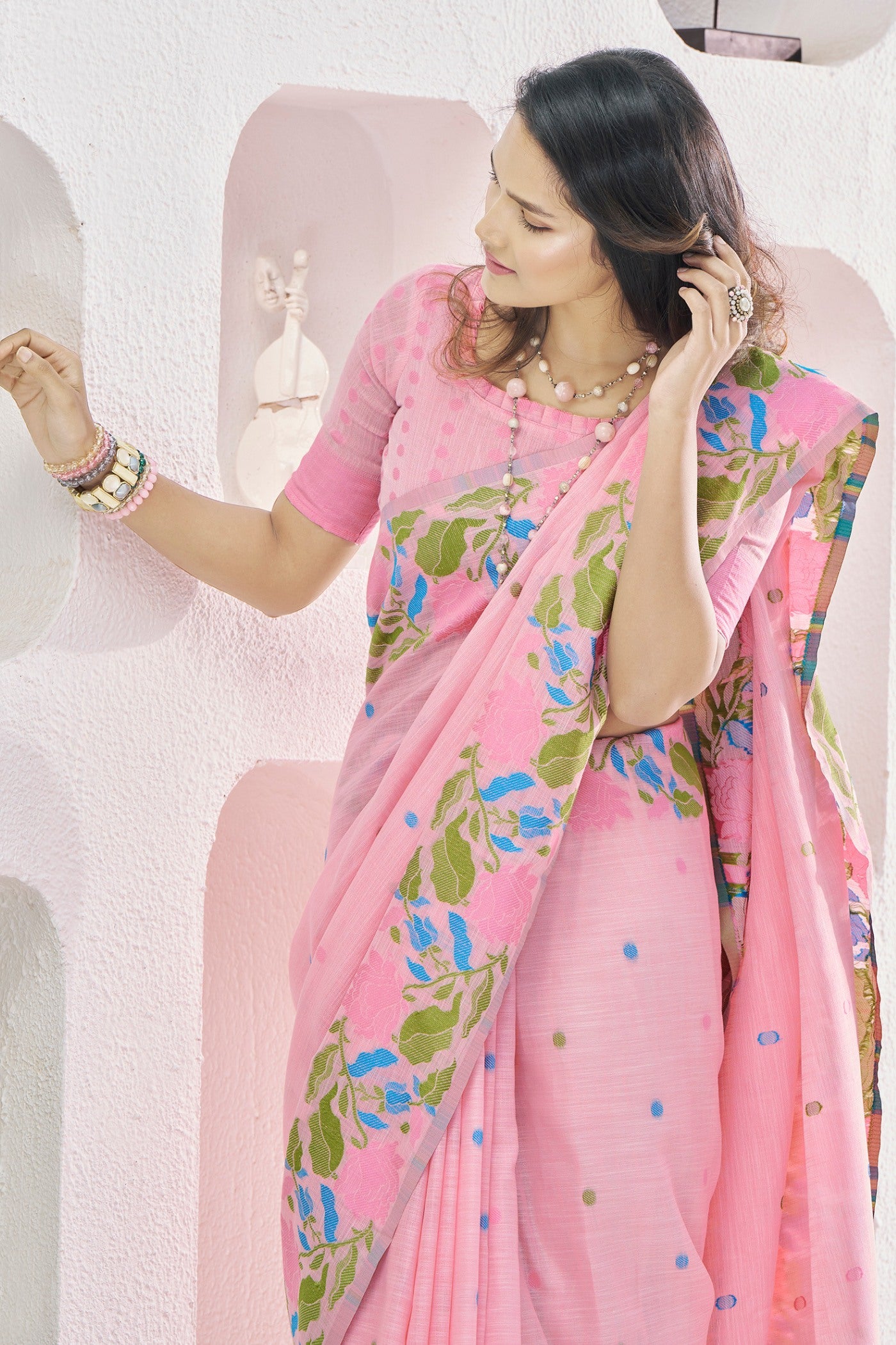 Buy MySilkLove Carissma Pink Woven Linen Saree Online