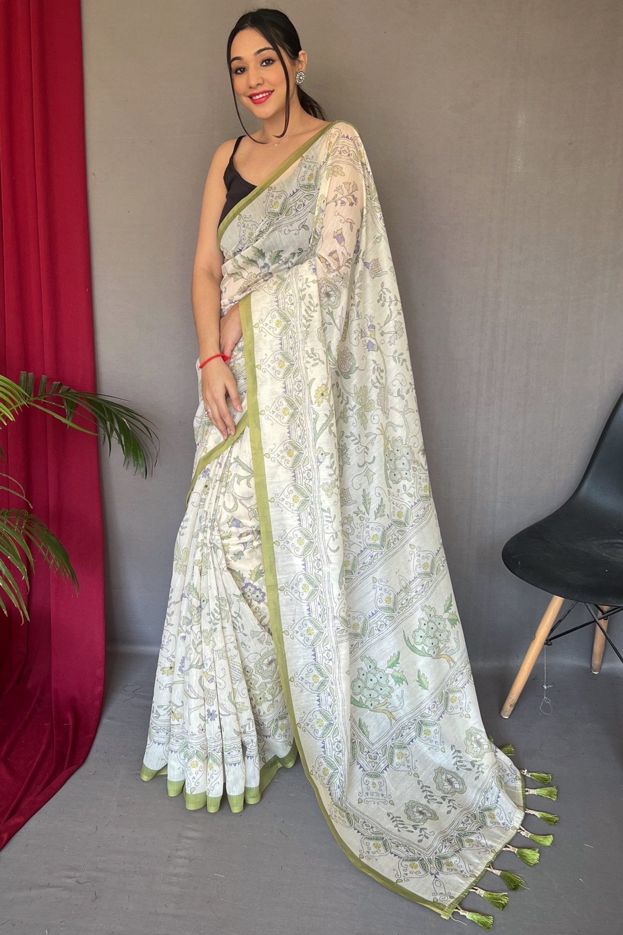 Buy MySilkLove Pista Green and White Printed Cotton Saree Online