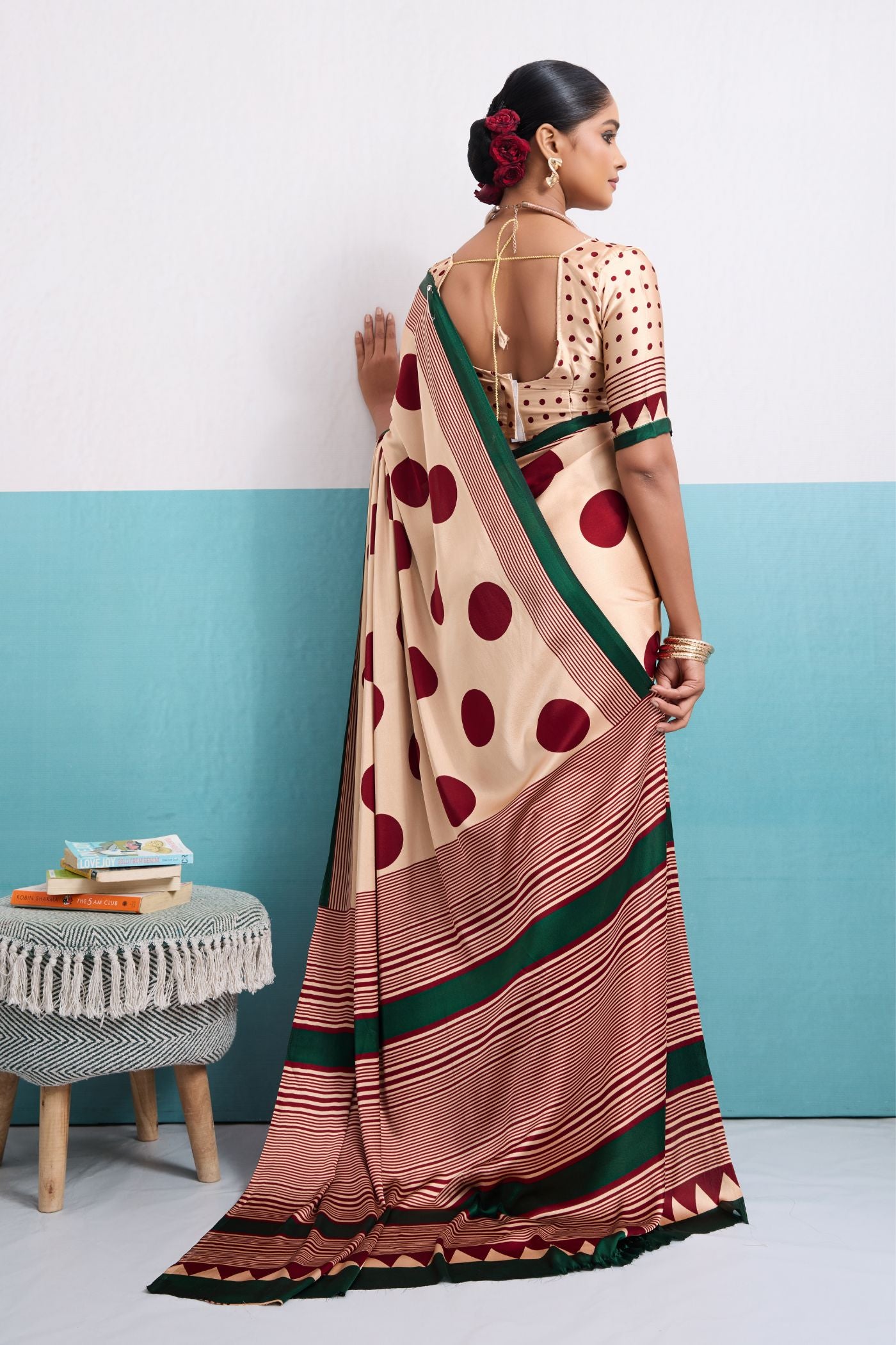 MySilkLove Moonlight Cream and Maroon Polka Dots Satin Crepe Saree