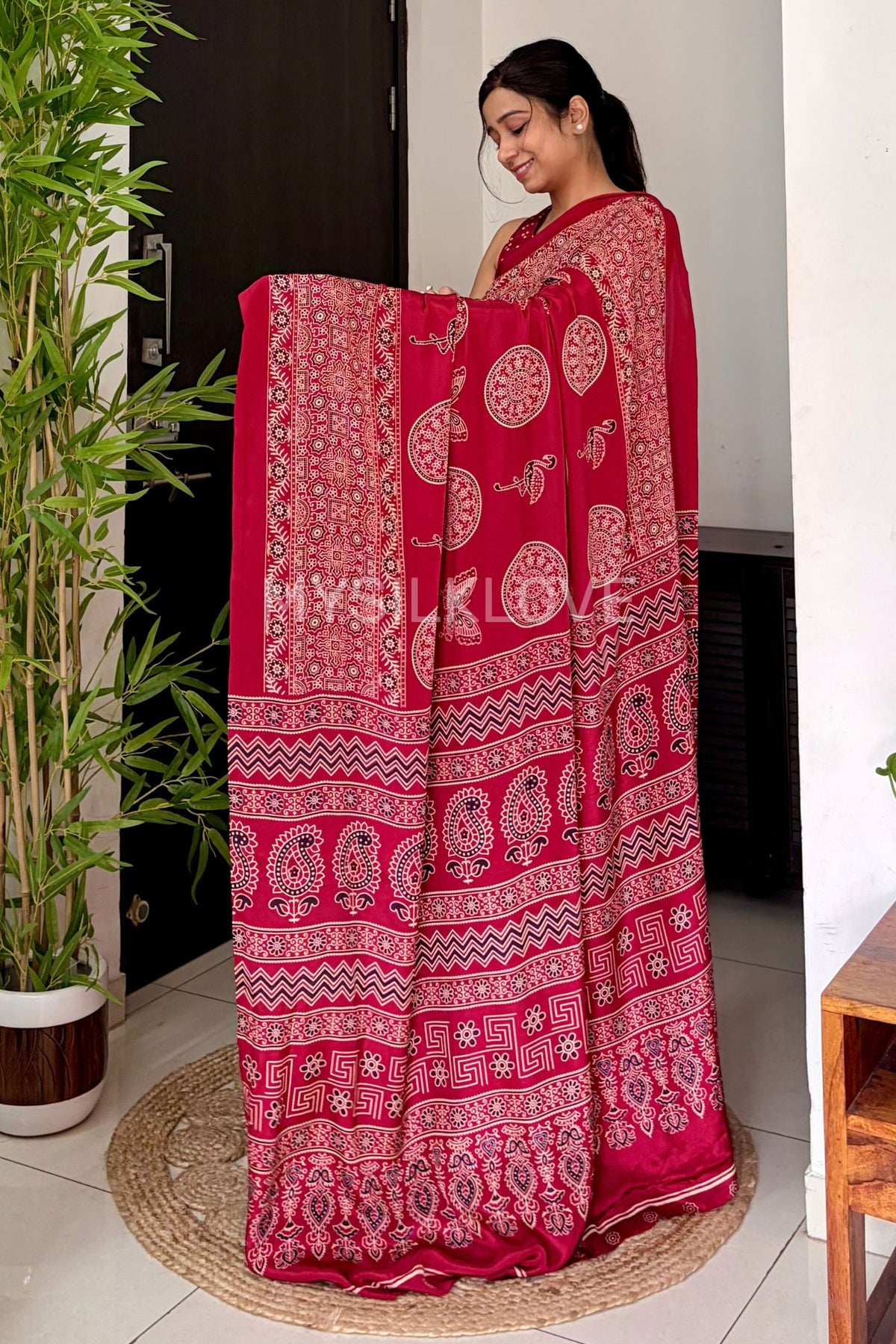 Buy MySilkLove Rose Red Ajrakh Satin Printed Silk Saree Online