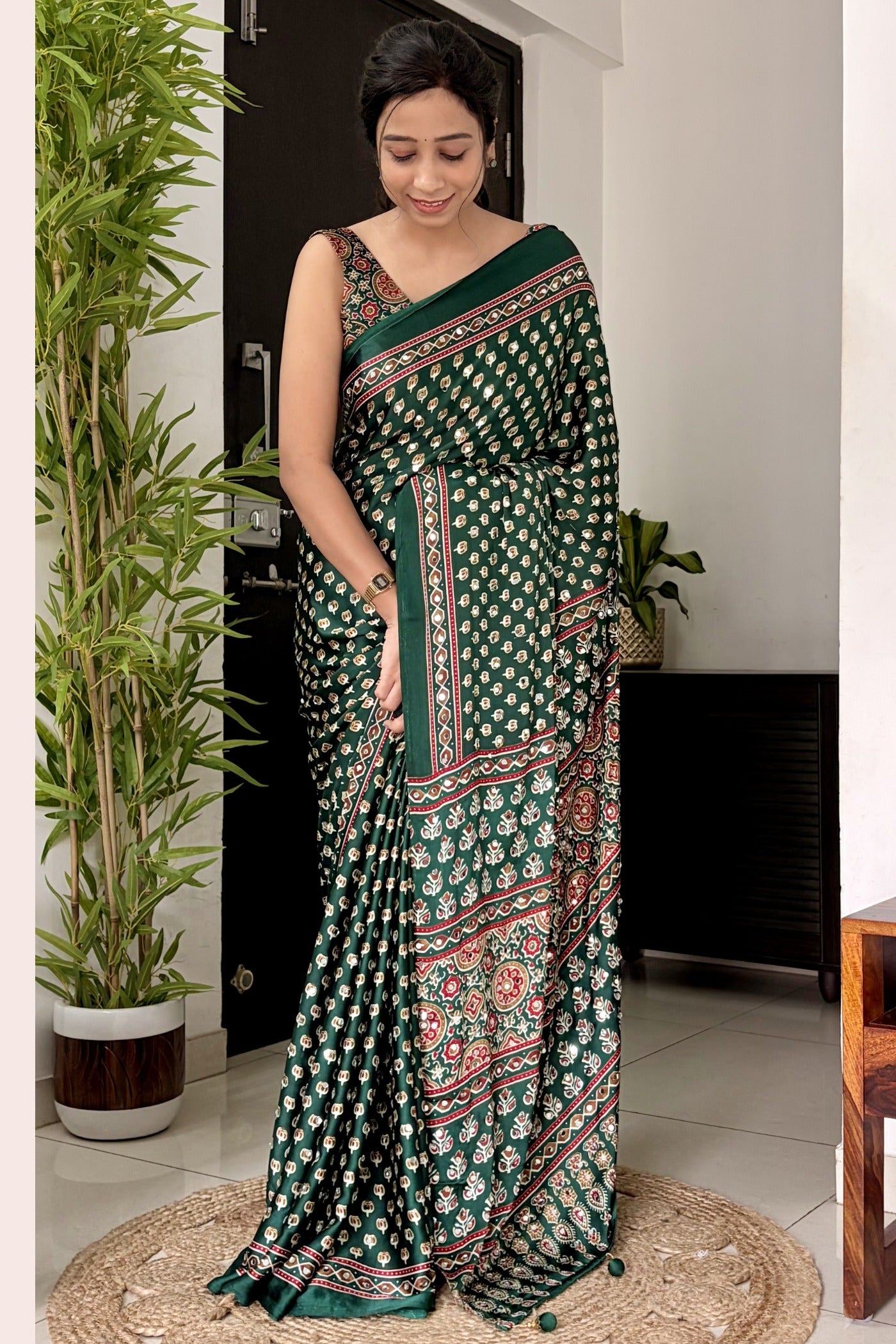 Buy MySilkLove Hunter Green Modal Ajrakh Satin Printed Mirror Work Saree Online