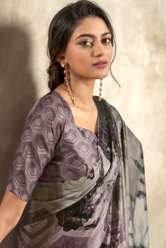 Buy MySilkLove Mauve Purple and Grey Printed Satin Silk Saree Online