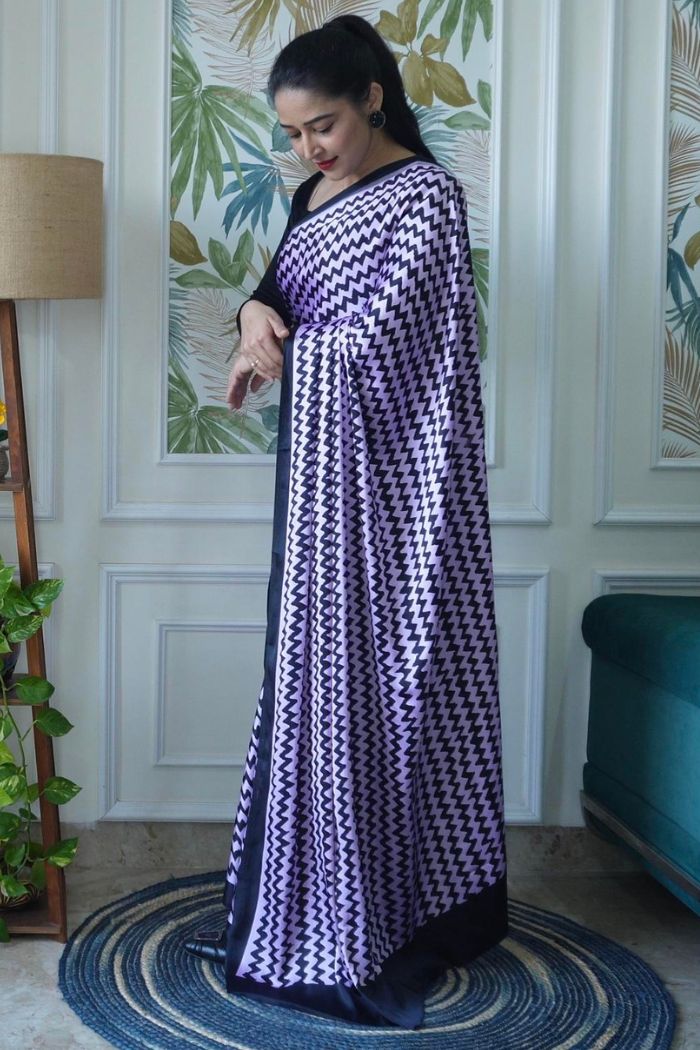 Buy MySilkLove Lilac Purple Printed Satin Crepe Silk Saree Online