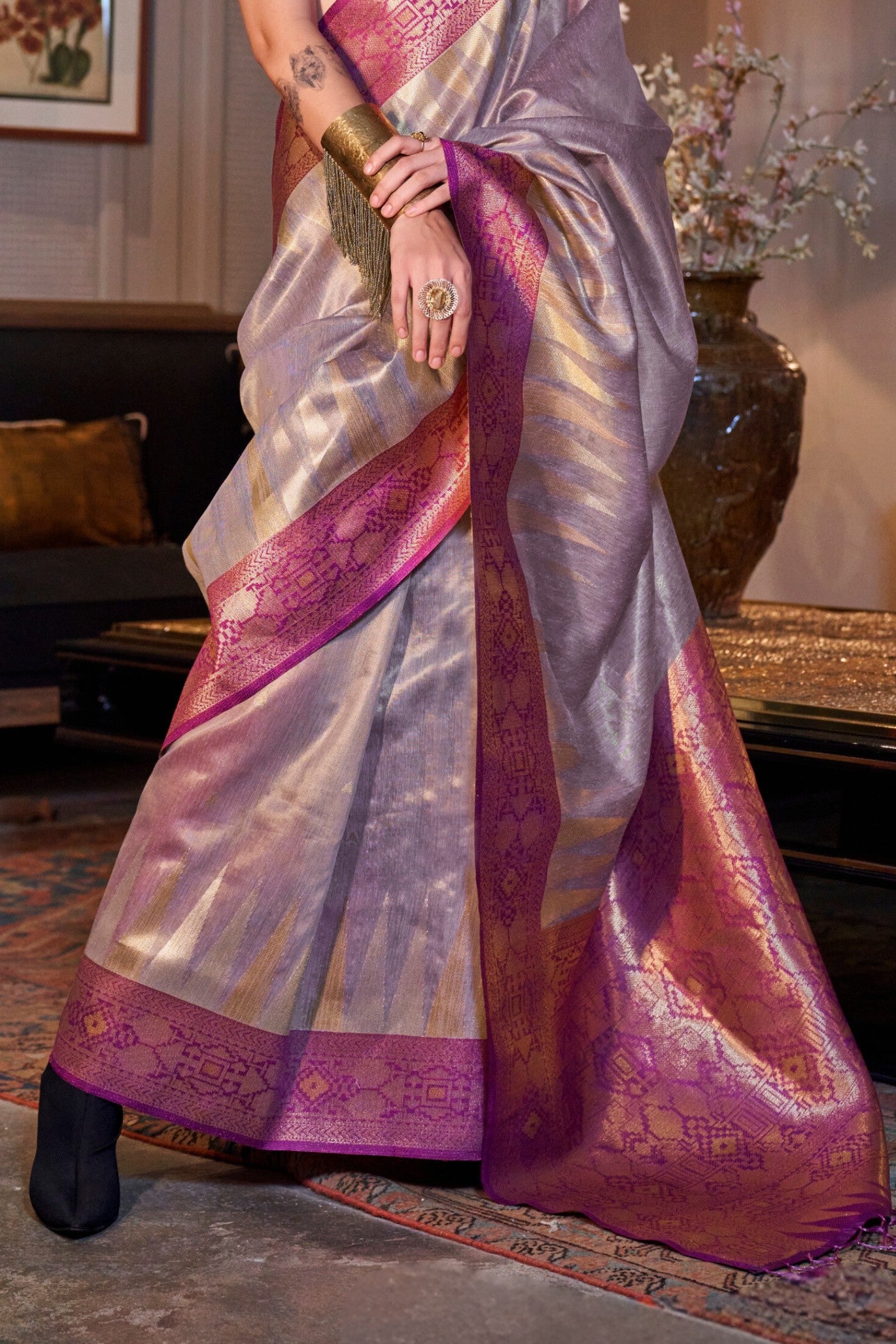 Buy MySilkLove Silver Grey Woven Tissue Silk Saree Online