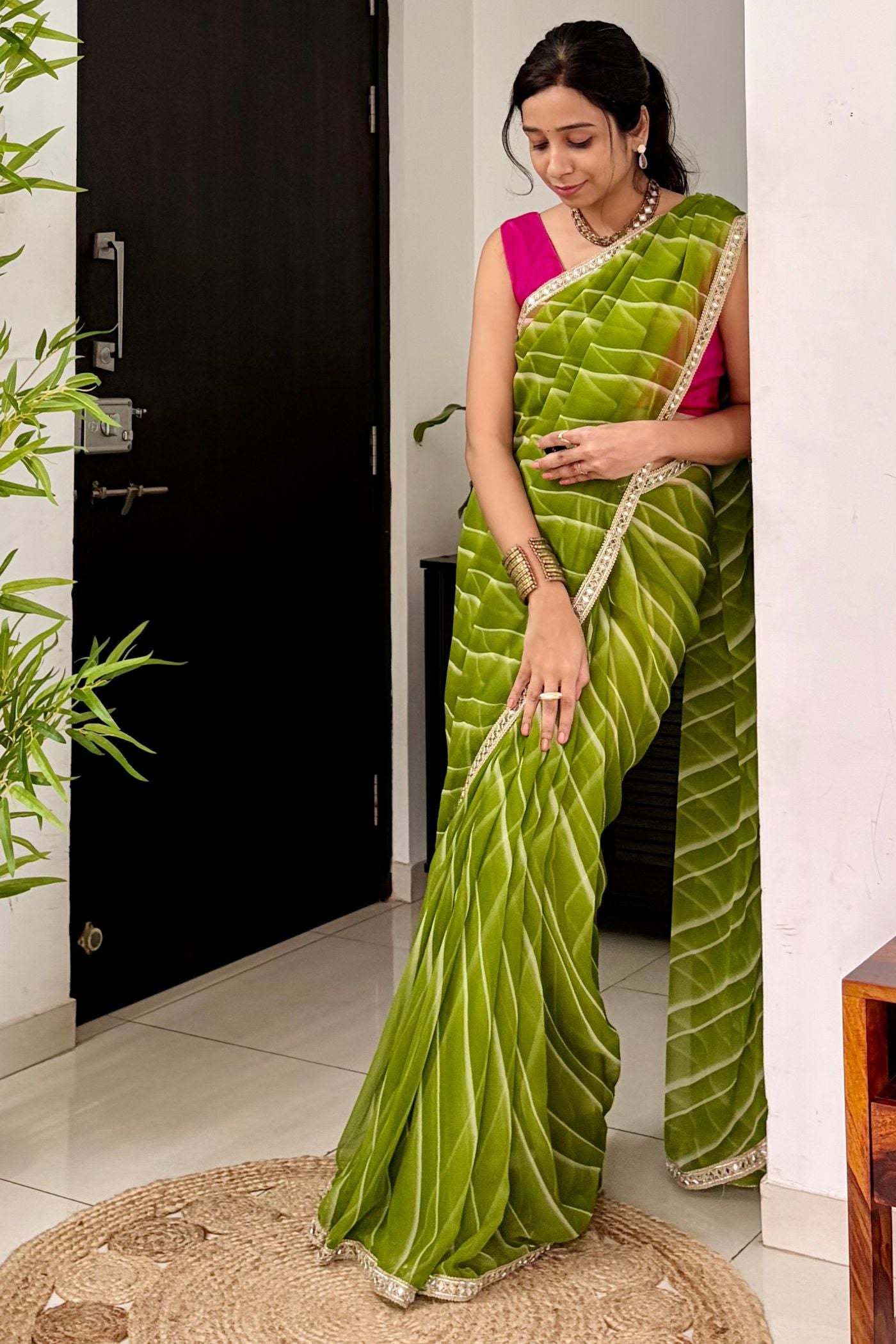 Buy MySilkLove Grass Green Designer Georgette Sraee Online