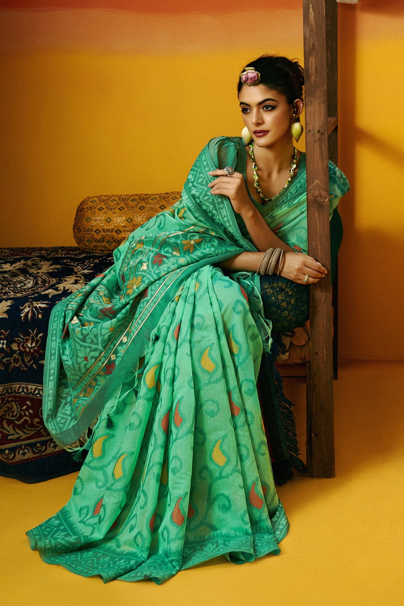 MySilkLove Spruce Green Handloom Jamdani Saree