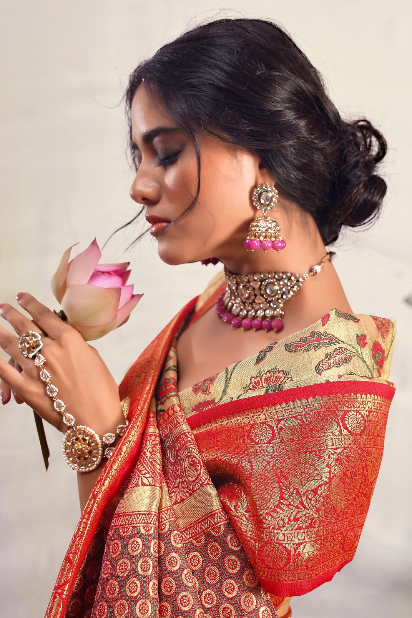 Buy MySilkLove Brandy Cream and Red Woven Banarasi Saree Online