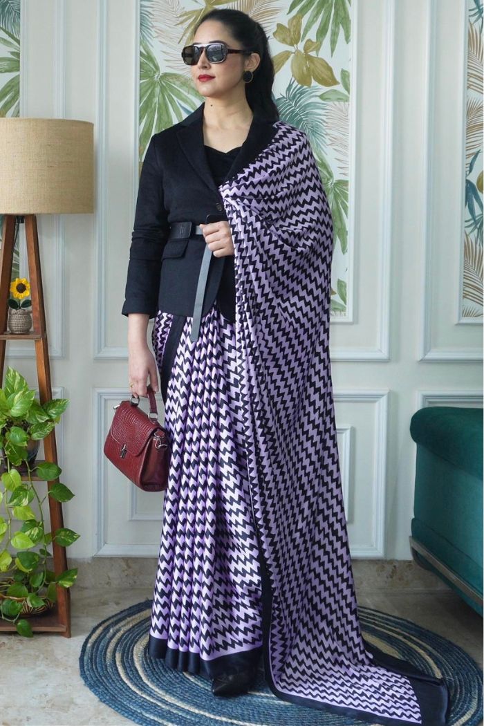 MySilkLove Lilac Purple Printed Satin Crepe Silk Saree