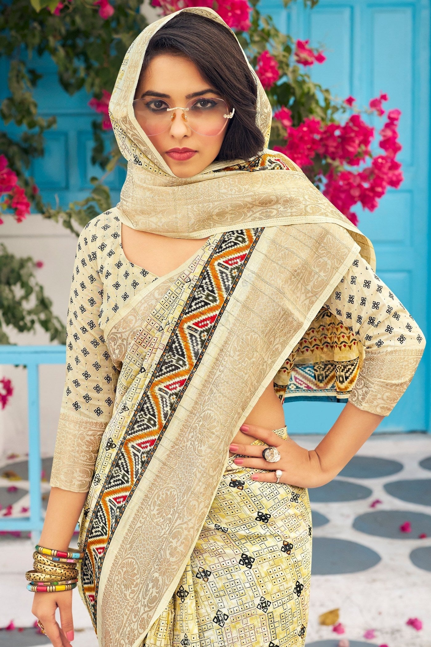 Buy MySilkLove Cumulus Cream Banarasi Printed Saree Online