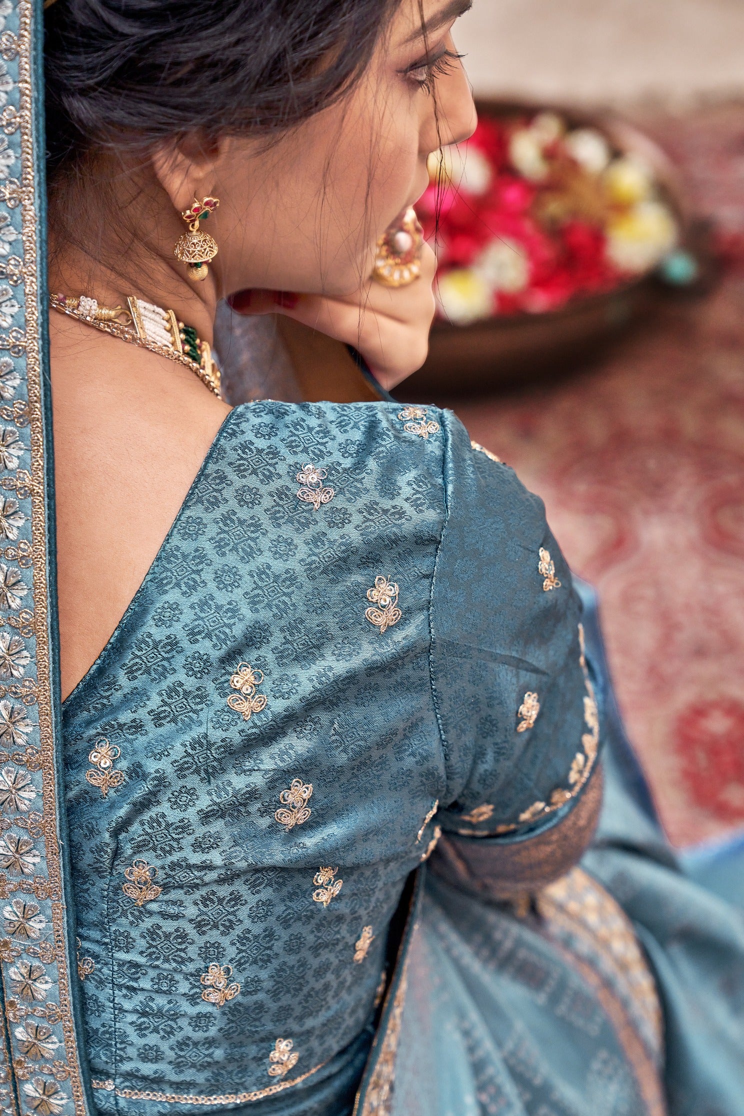 Buy MySilkLove Pearl Blue Embroidered Satin Silk Saree Online