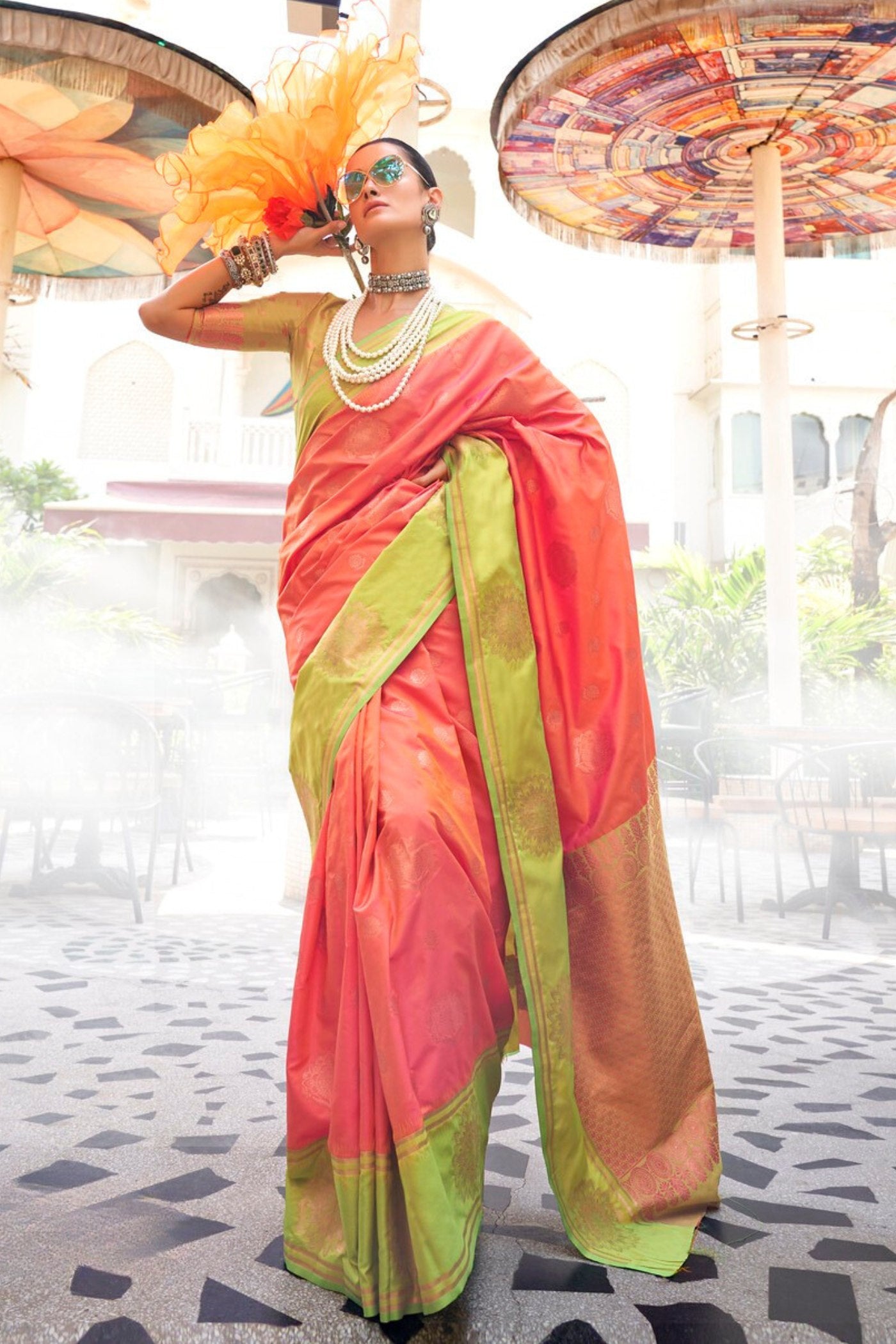 Buy MySilkLove Mandarin Pearl Peach Handloom Katan Banarasi Saree Online