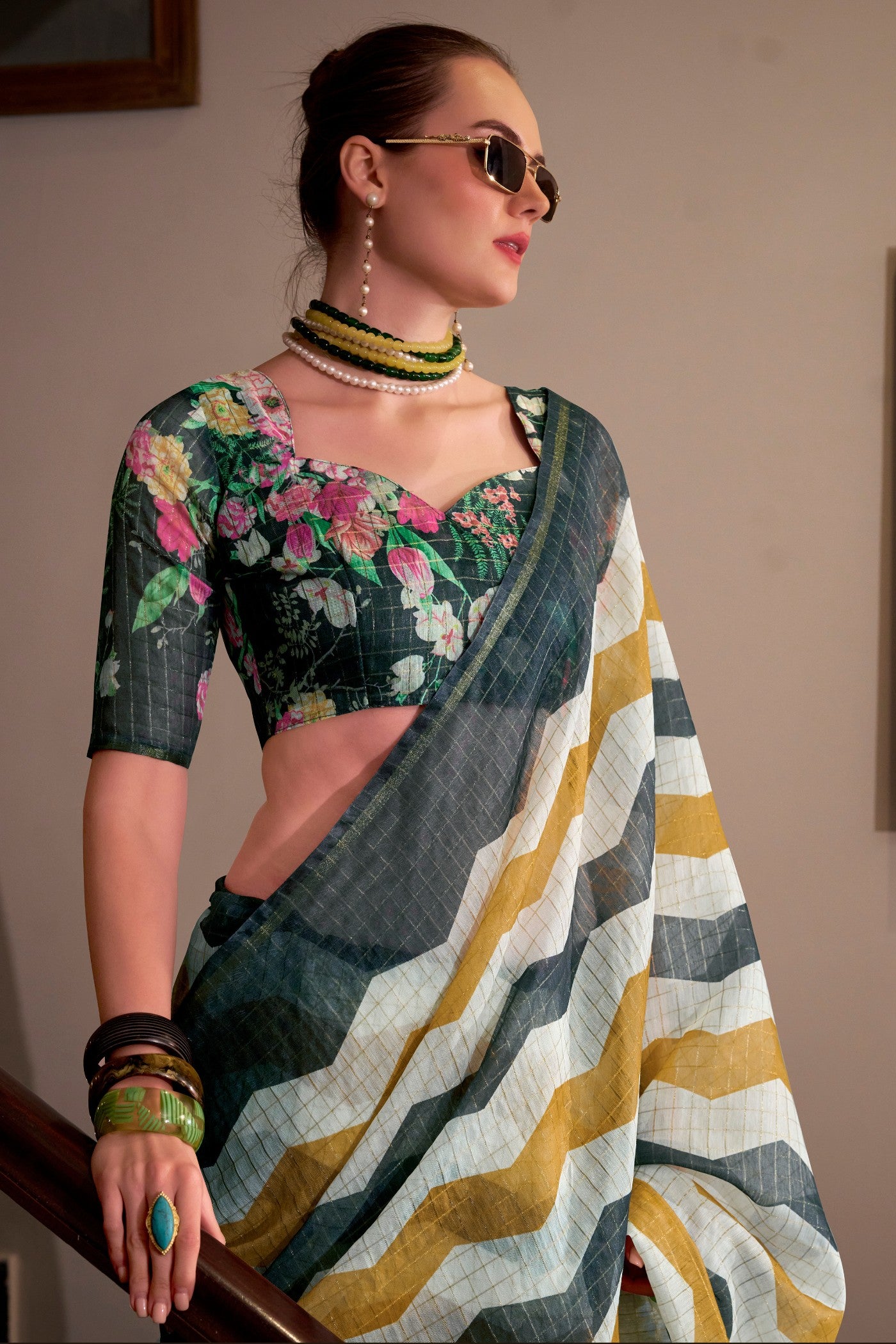 MySilkLove Locust Green and Yellow Woven Linen Saree