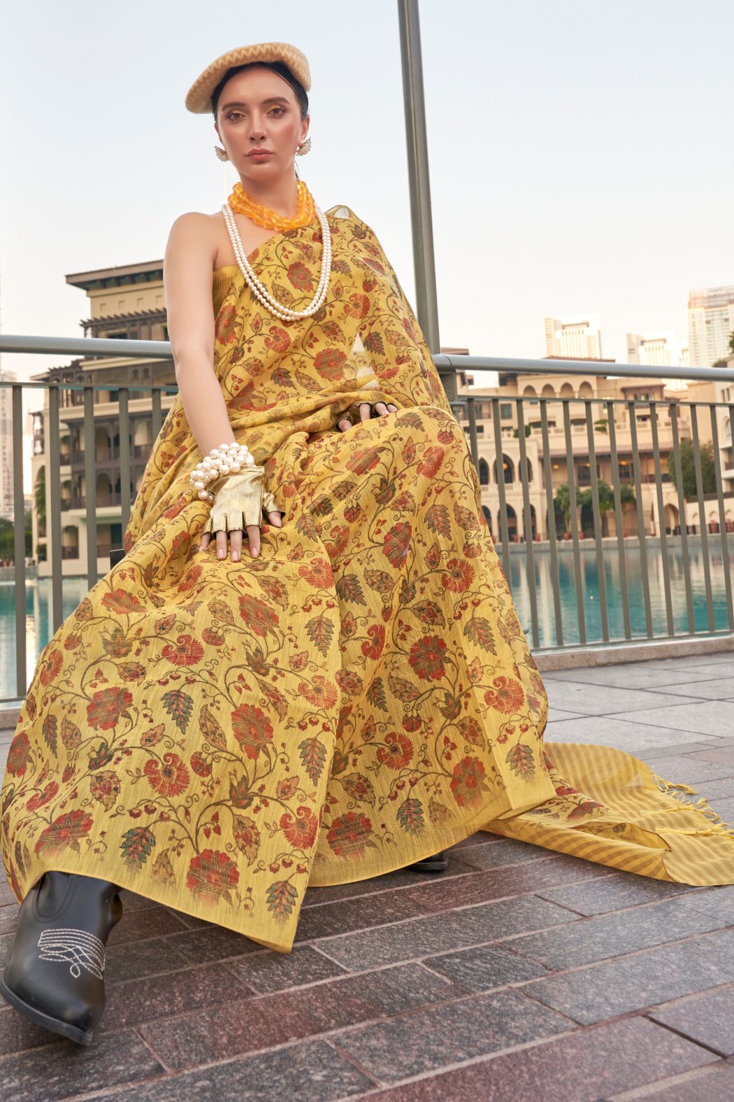 Buy MySilkLove Sunflower Yellow Printed Tissue Saree Online