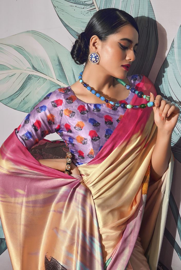 Buy MySilkLove Multicolor Cream Printed Satin Silk Saree Online