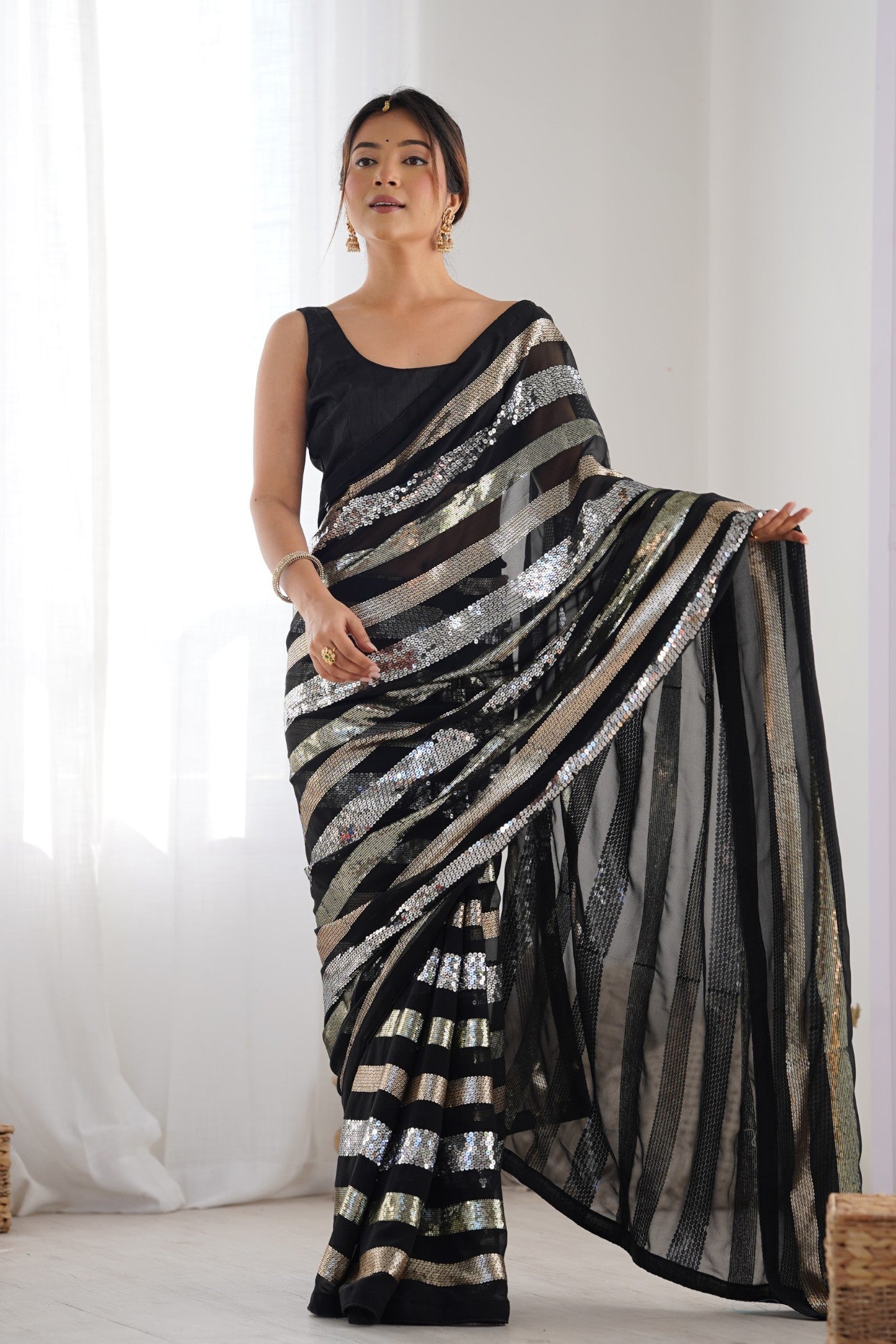 Buy MySilkLove Stone Black Georgette Partywear Saree Online