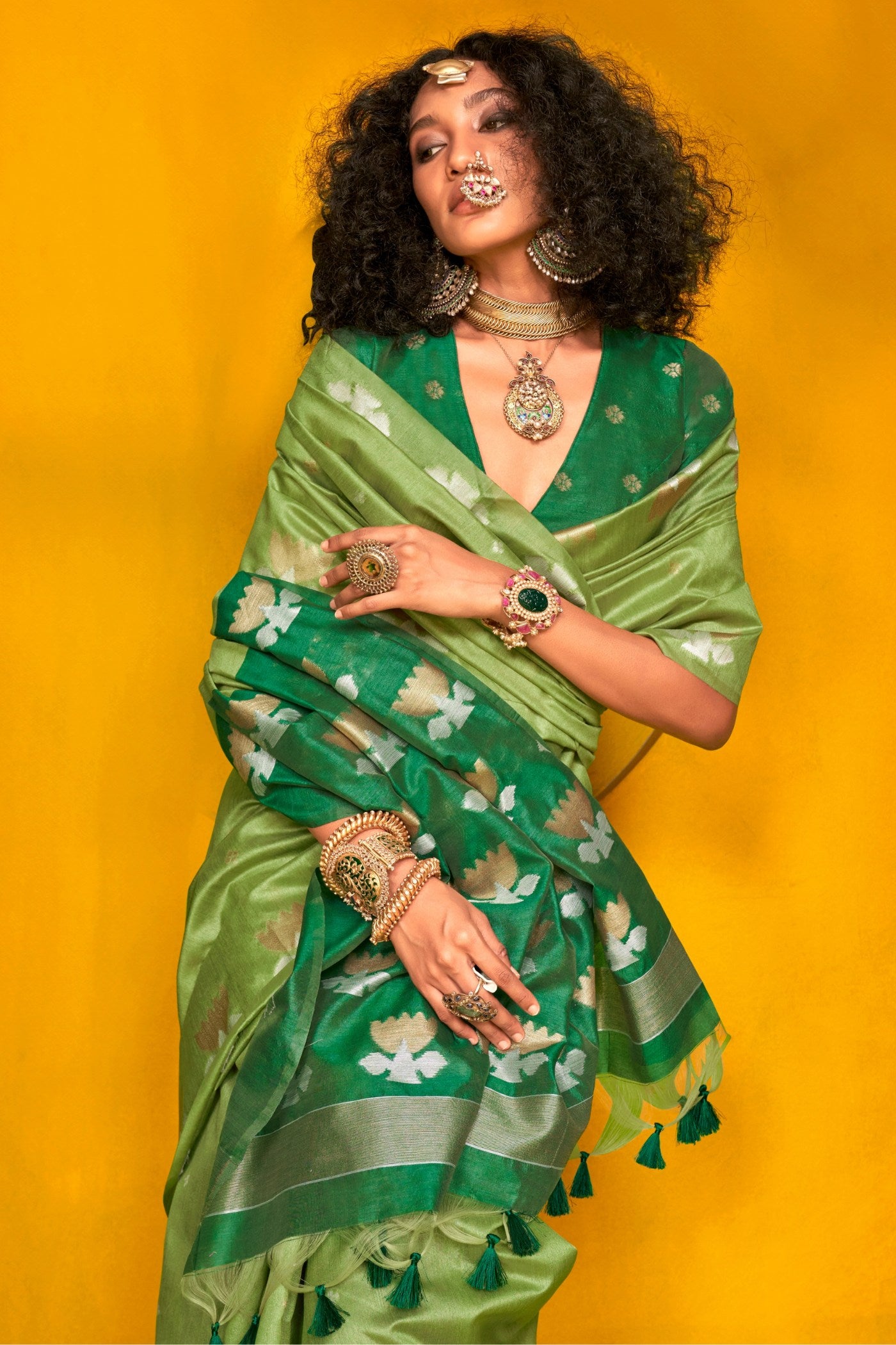 MySilkLove Tree Green Tussar Handloom Silk Saree