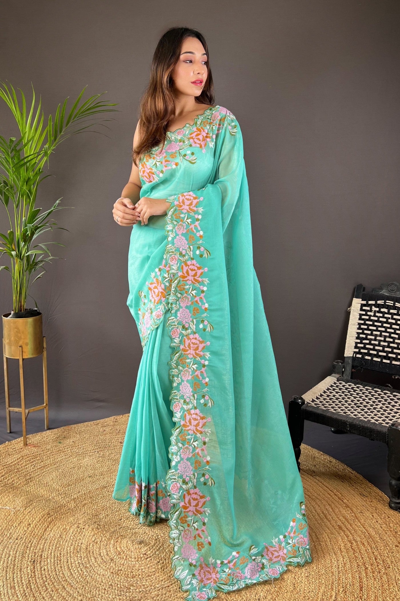 Buy MySilkLove Arctic Blue Embroidered Party Wear Saree Online