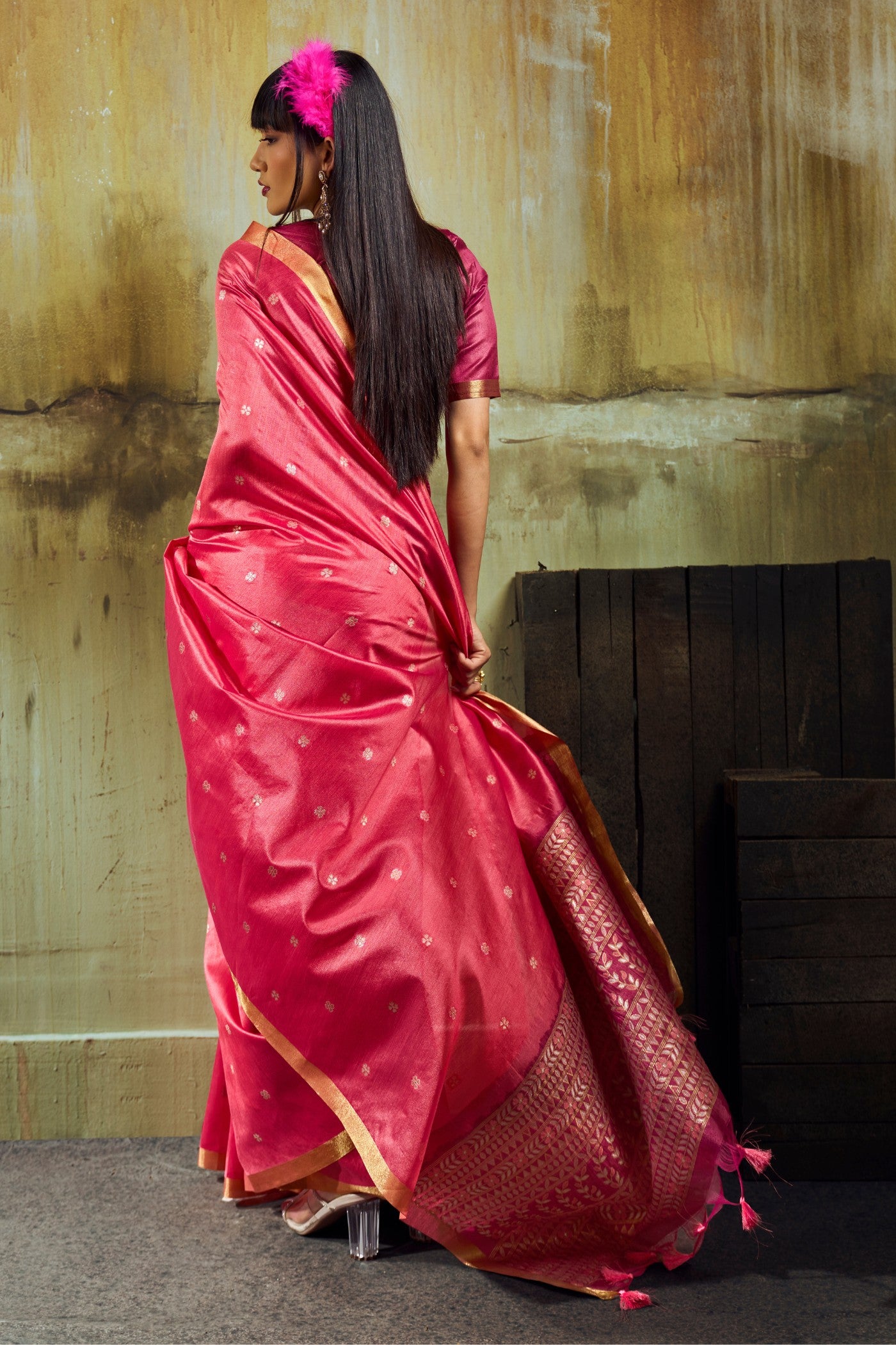 Buy MySilkLove Fuchsia Pink Tussar Handloom Silk Saree Online