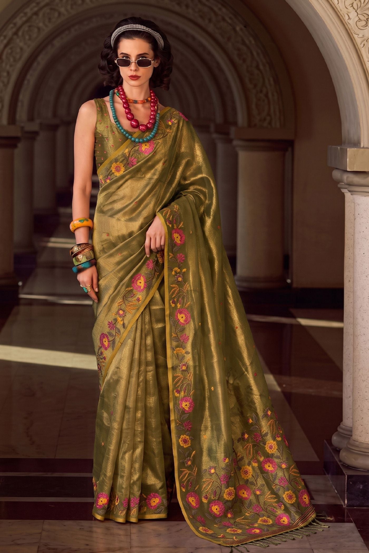 Buy MySilkLove Mehendi Green Woven Floral Tissue Saree Online