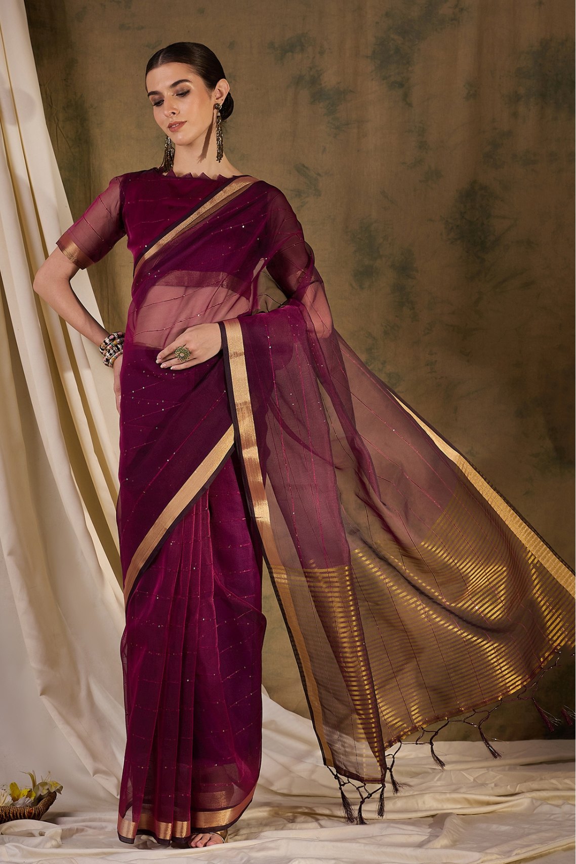 Buy MySilkLove Americano Brown Woven Organza Saree Online