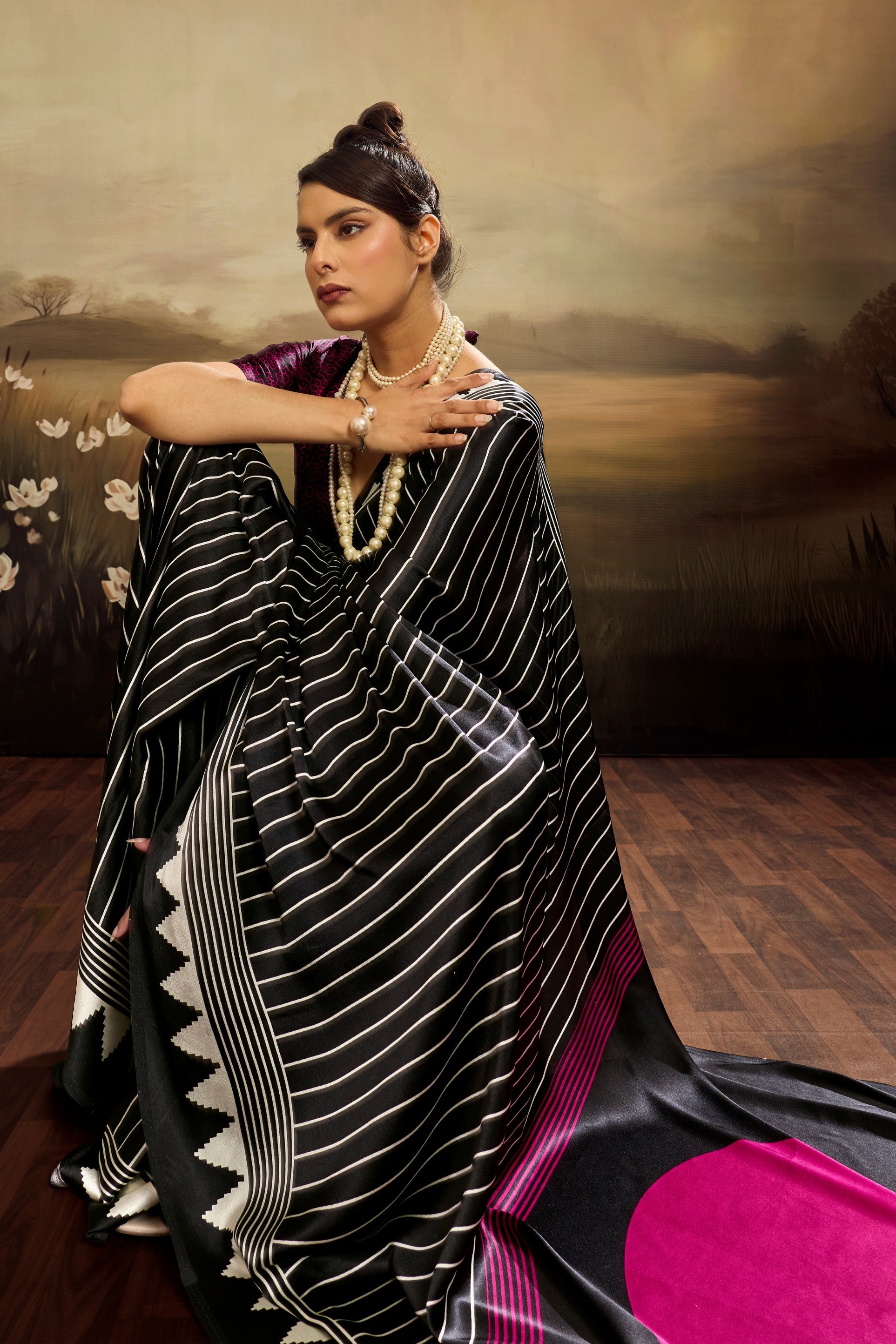 Buy MySilkLove Spectra Black Ajrakh Printed Satin Crepe Silk Saree Online