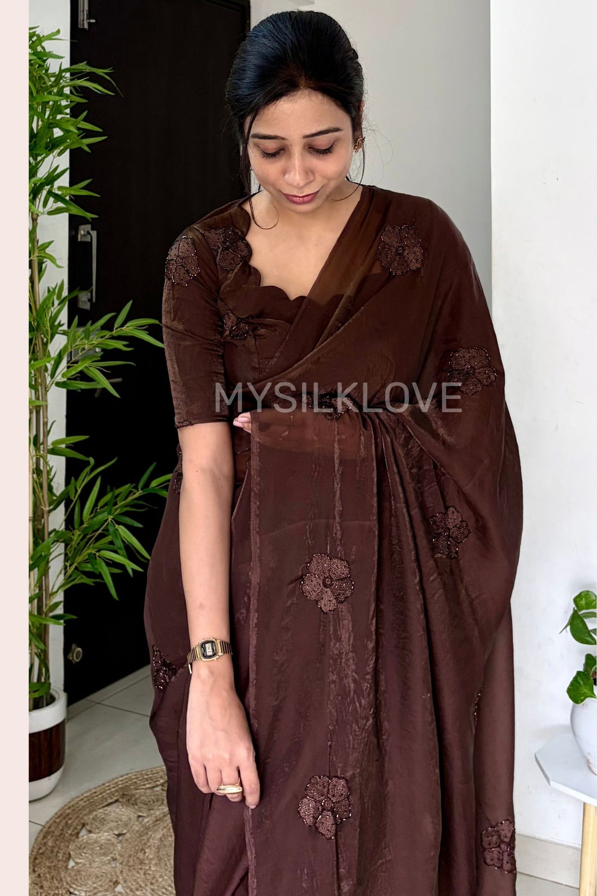 MySilkLove Mahogany Brown Designer Sequin Embroidery Work Saree